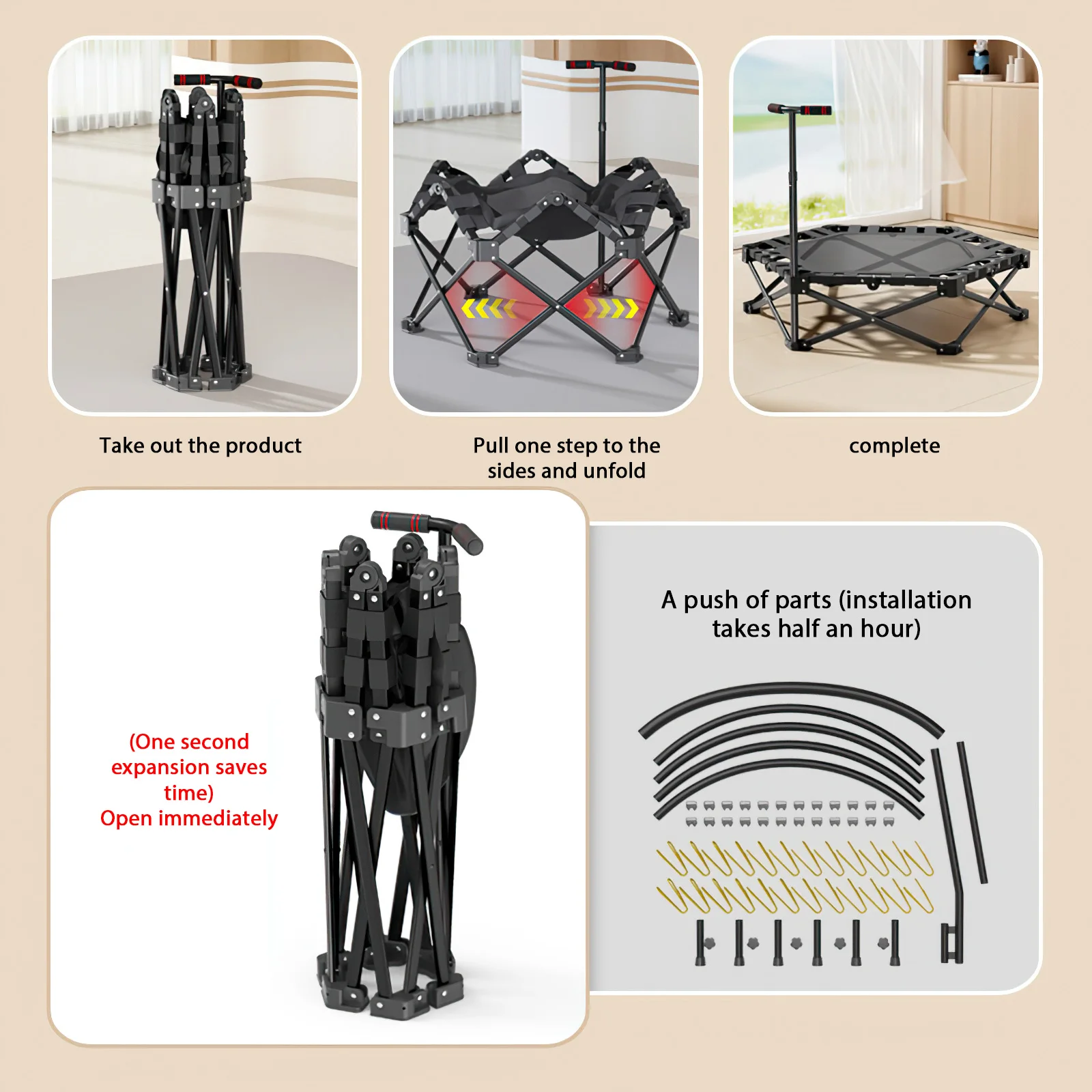 Heavy-Duty 106cm Indoor Fitness Trampoline for Adults/Kids, 150kg Capacity with Adjustable Handle & Safety Pad, Quiet Rubber