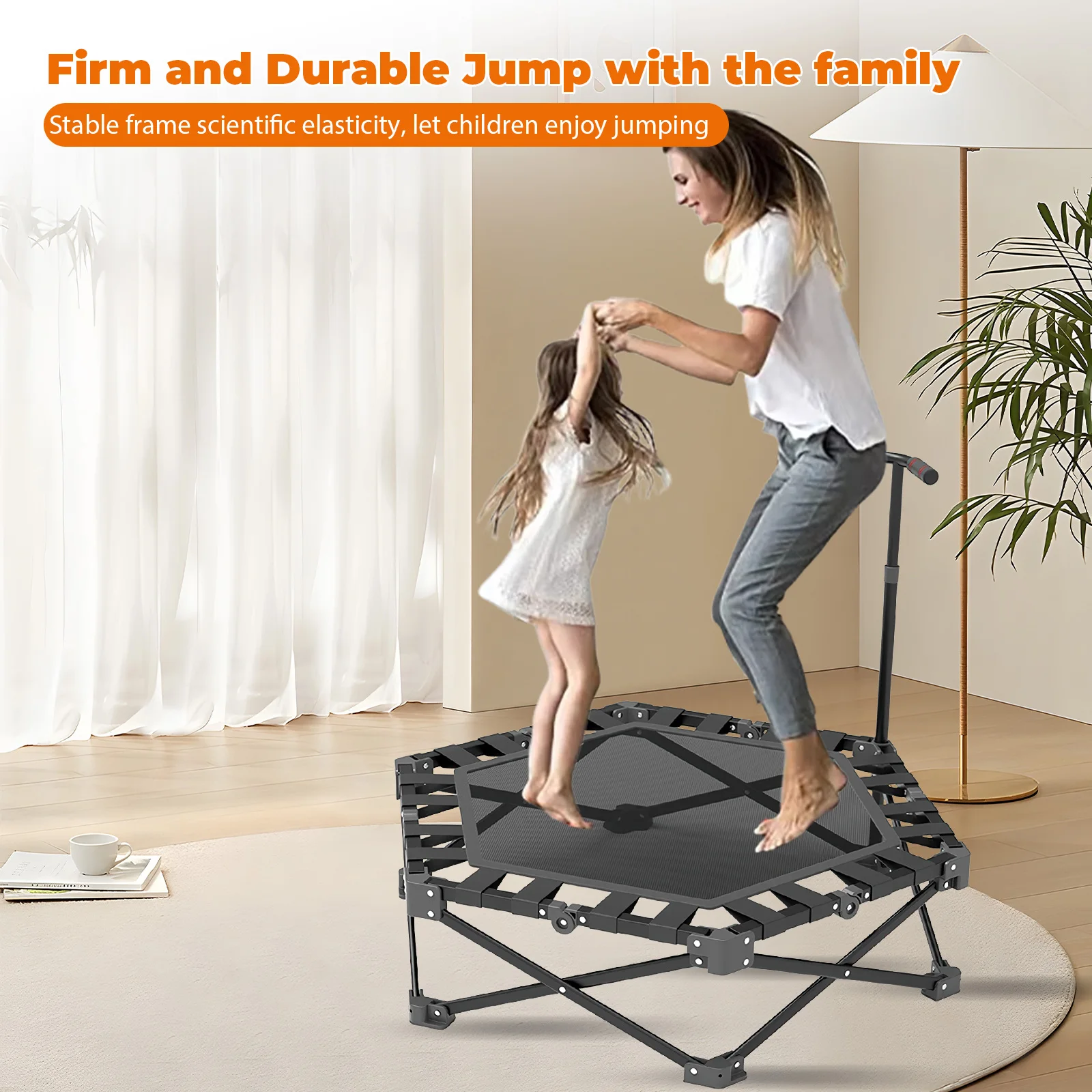 Heavy-Duty 106cm Indoor Fitness Trampoline for Adults/Kids, 150kg Capacity with Adjustable Handle & Safety Pad, Quiet Rubber