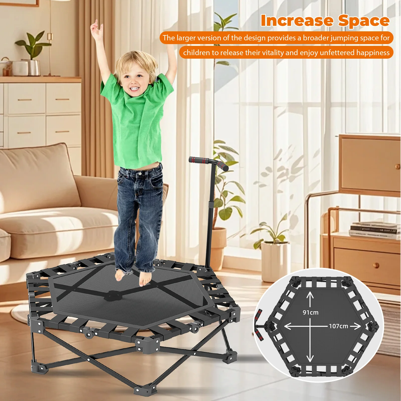 Heavy-Duty 106cm Indoor Fitness Trampoline for Adults/Kids, 150kg Capacity with Adjustable Handle & Safety Pad, Quiet Rubber