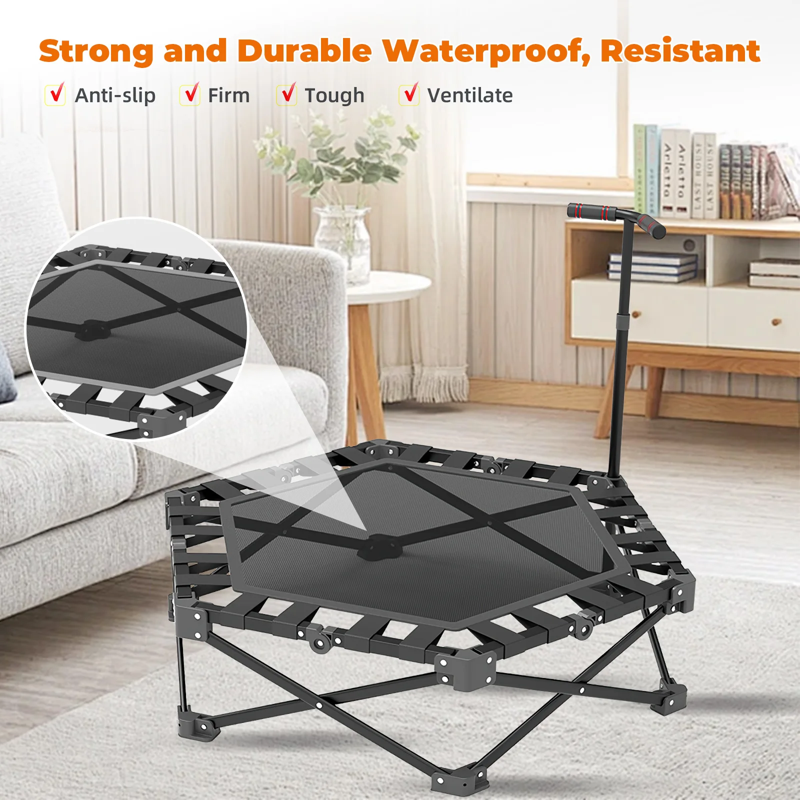 Heavy-Duty 106cm Indoor Fitness Trampoline for Adults/Kids, 150kg Capacity with Adjustable Handle & Safety Pad, Quiet Rubber