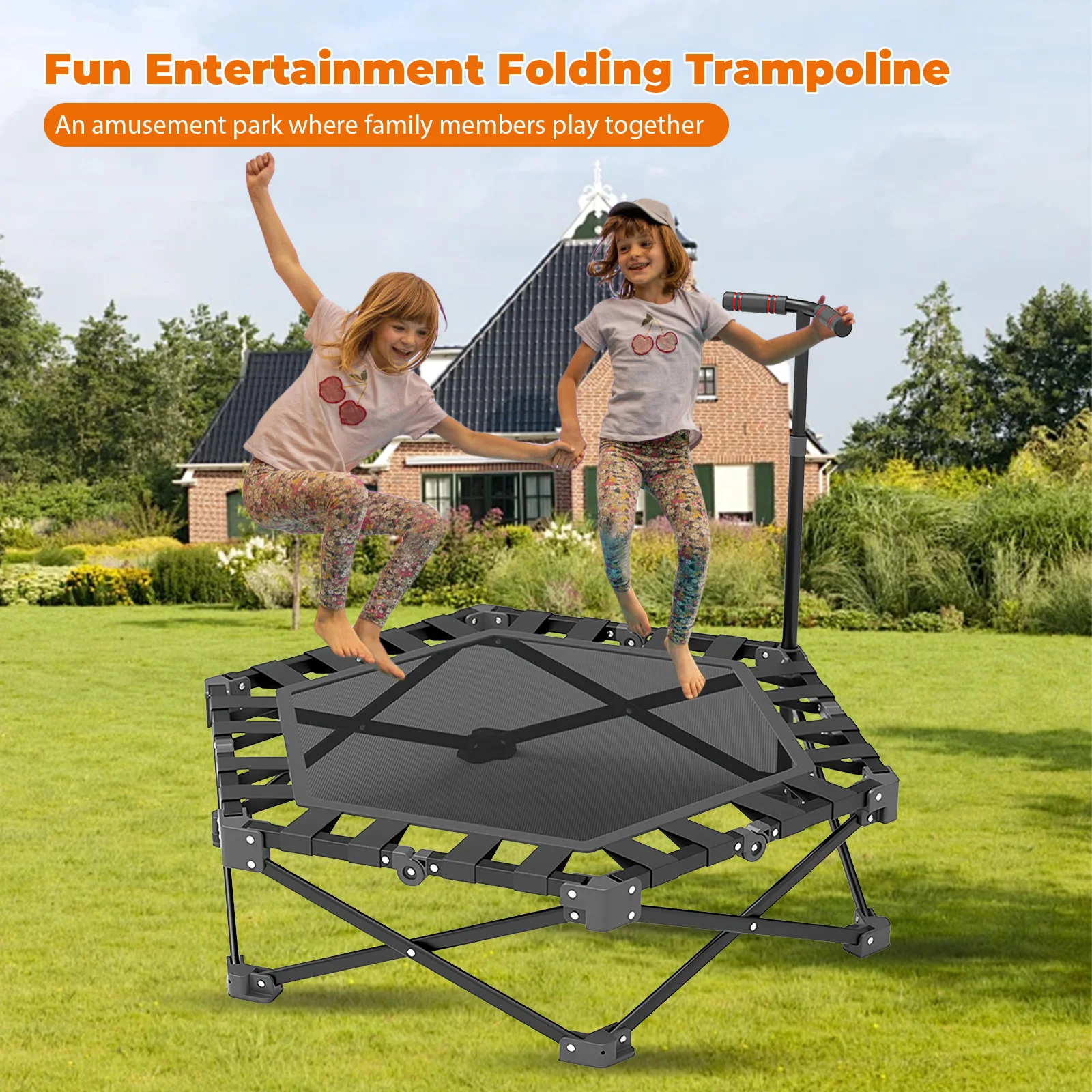 Heavy-Duty 106cm Indoor Fitness Trampoline for Adults/Kids, 150kg Capacity with Adjustable Handle & Safety Pad, Quiet Rubber