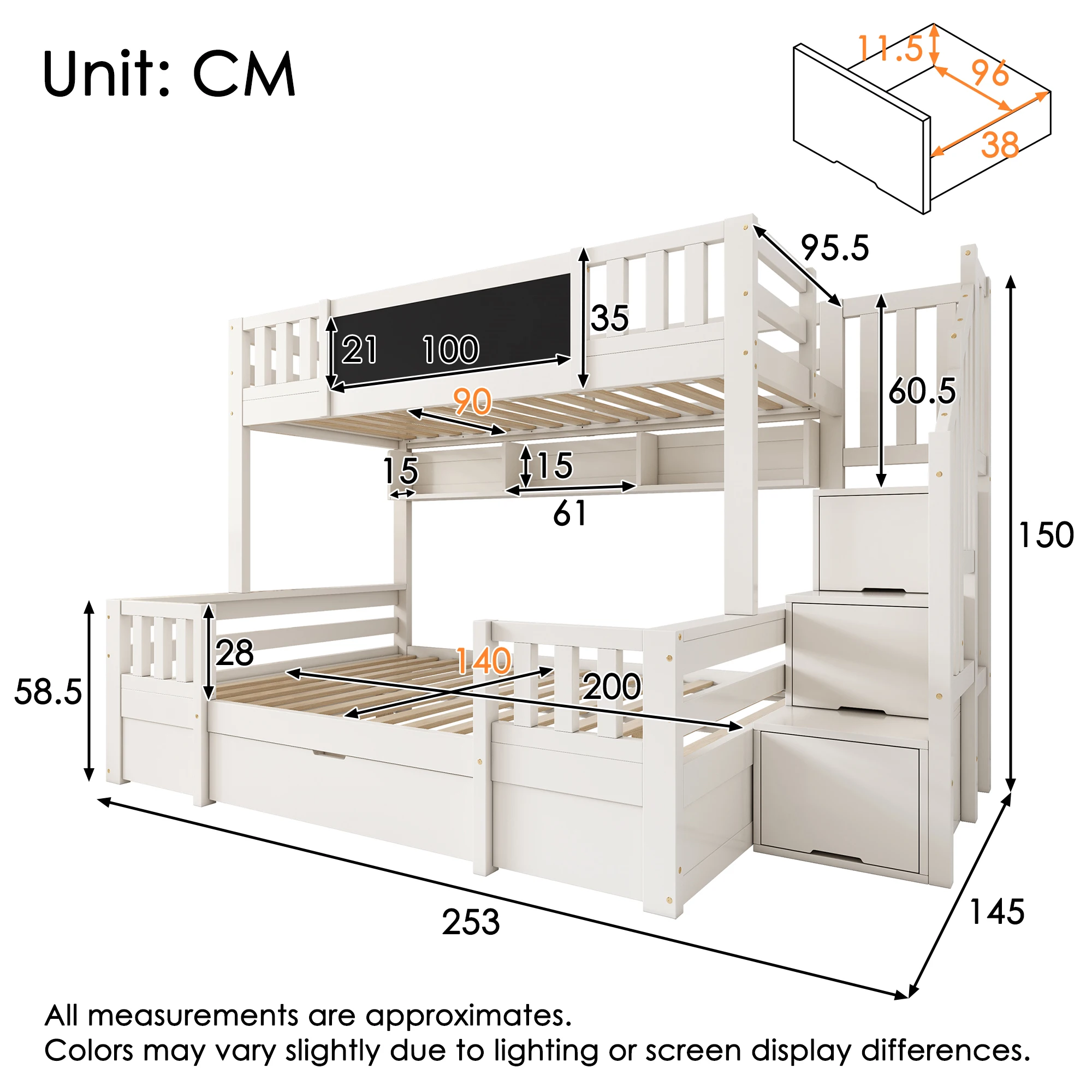 Bunk bed for 3 children 90x200 & 140x200 made of solid wood with chalkboard, storage stairs, drawers and ladder cabinet
