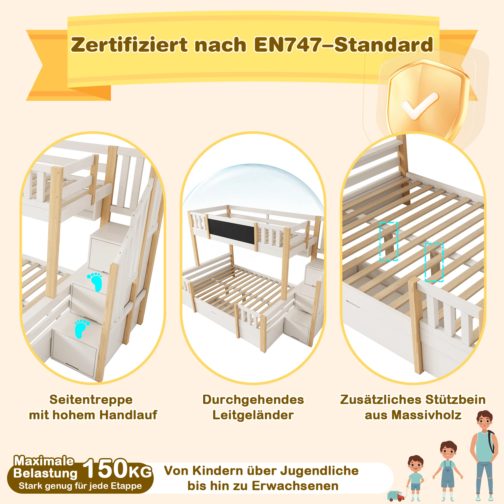 Bunk bed for 3 children 90x200 & 140x200 made of solid wood with chalkboard, storage stairs, drawers and ladder cabinet