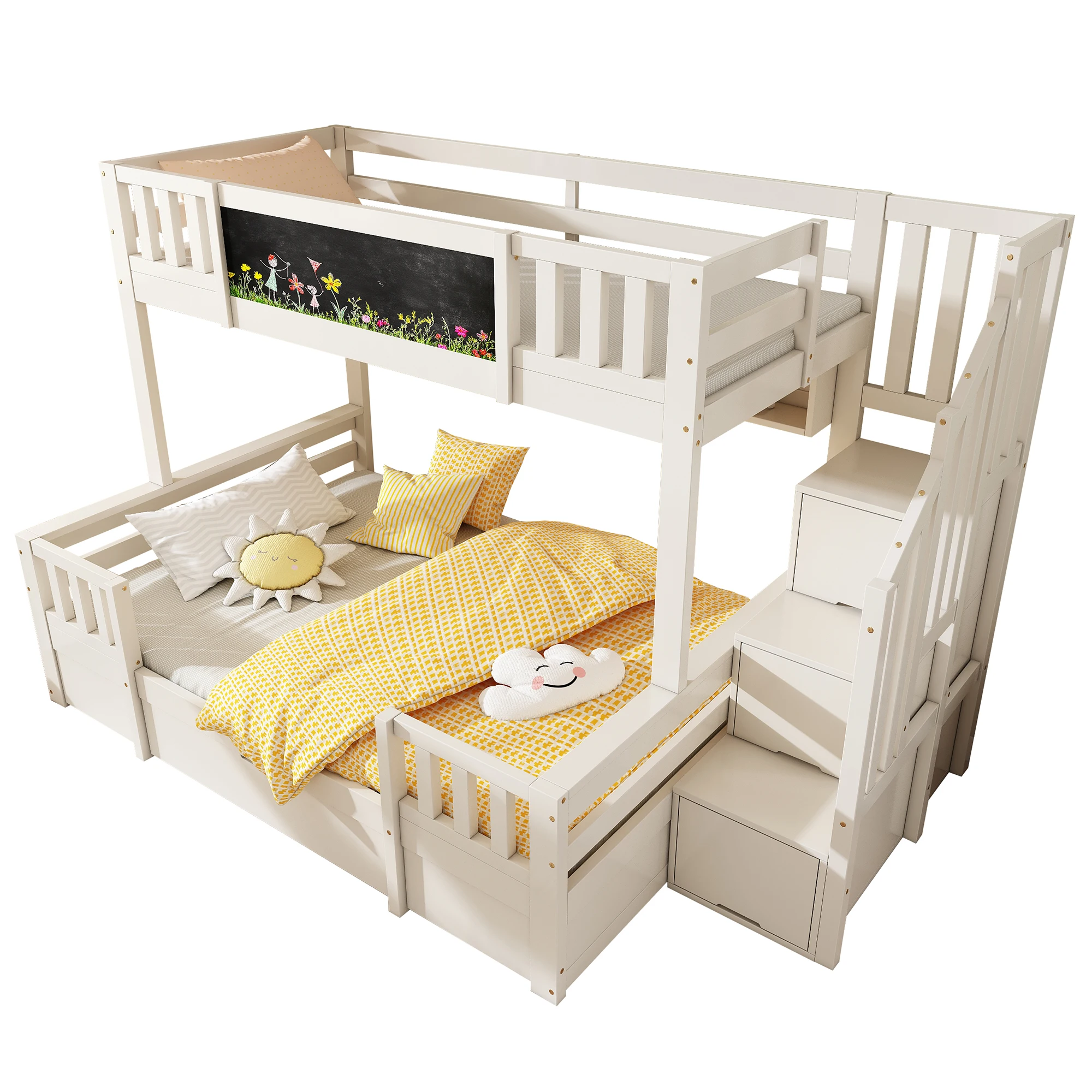 Bunk bed for 3 children 90x200 & 140x200 made of solid wood with chalkboard, storage stairs, drawers and ladder cabinet
