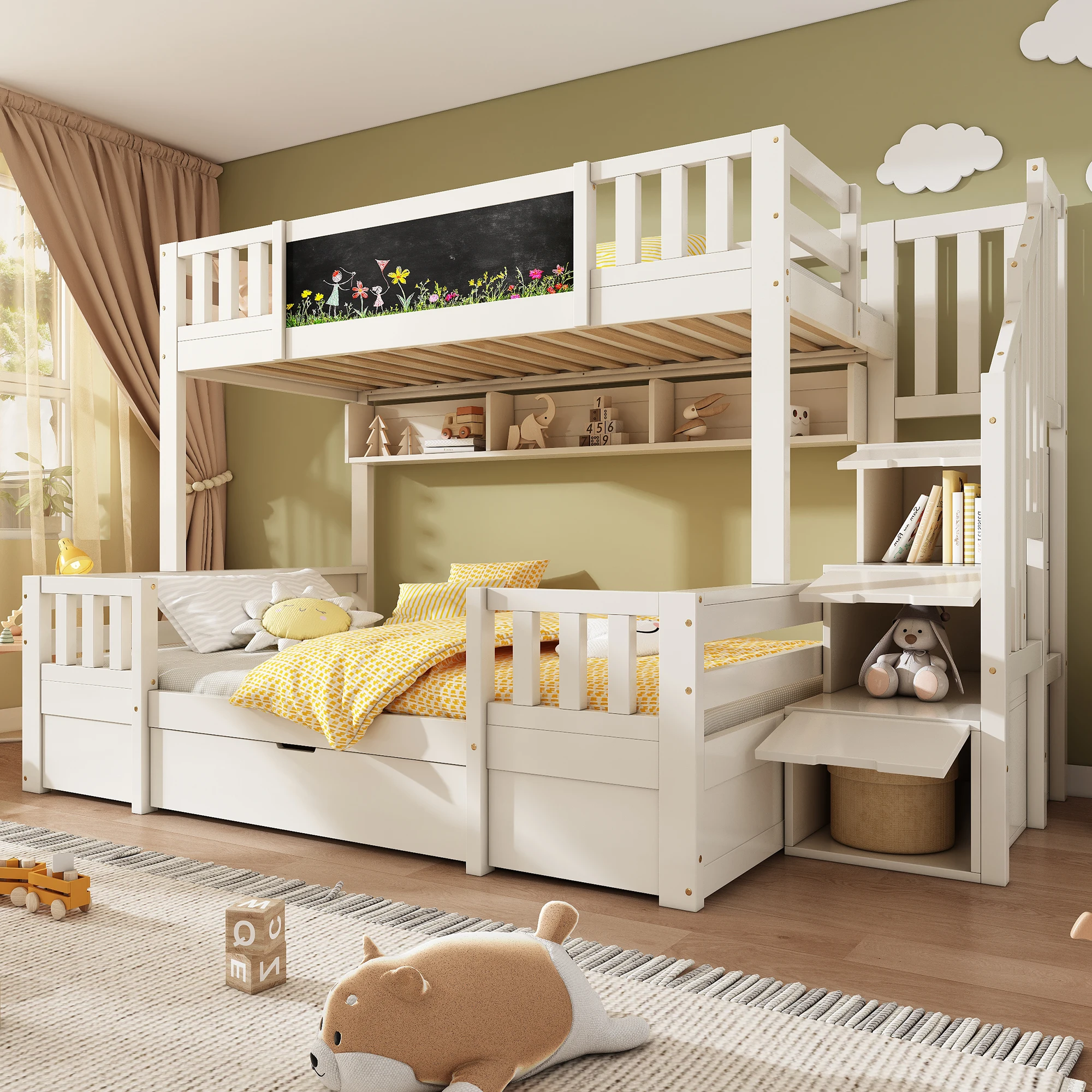 Bunk bed for 3 children 90x200 & 140x200 made of solid wood with chalkboard, storage stairs, drawers and ladder cabinet