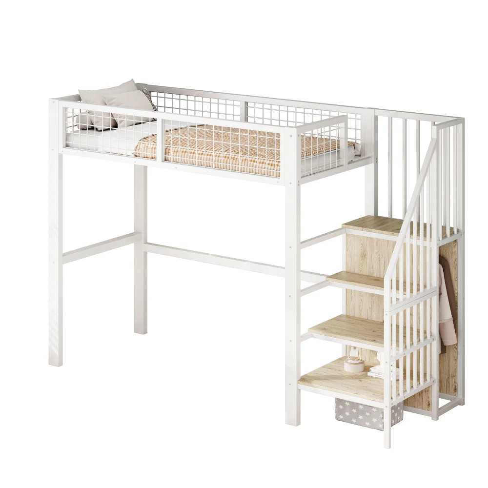 Space-Saving Kids Bedroom Furniture Set Wardrobe Sturdy Iron Frame Crib 90*200 High Bed Multifunctional Storage Rack Organizer