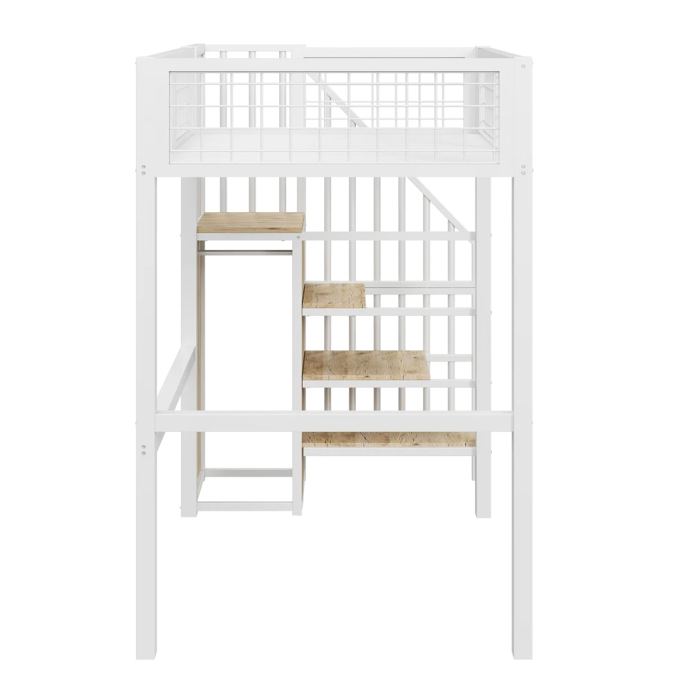 Space-Saving Kids Bedroom Furniture Set Wardrobe Sturdy Iron Frame Crib 90*200 High Bed Multifunctional Storage Rack Organizer