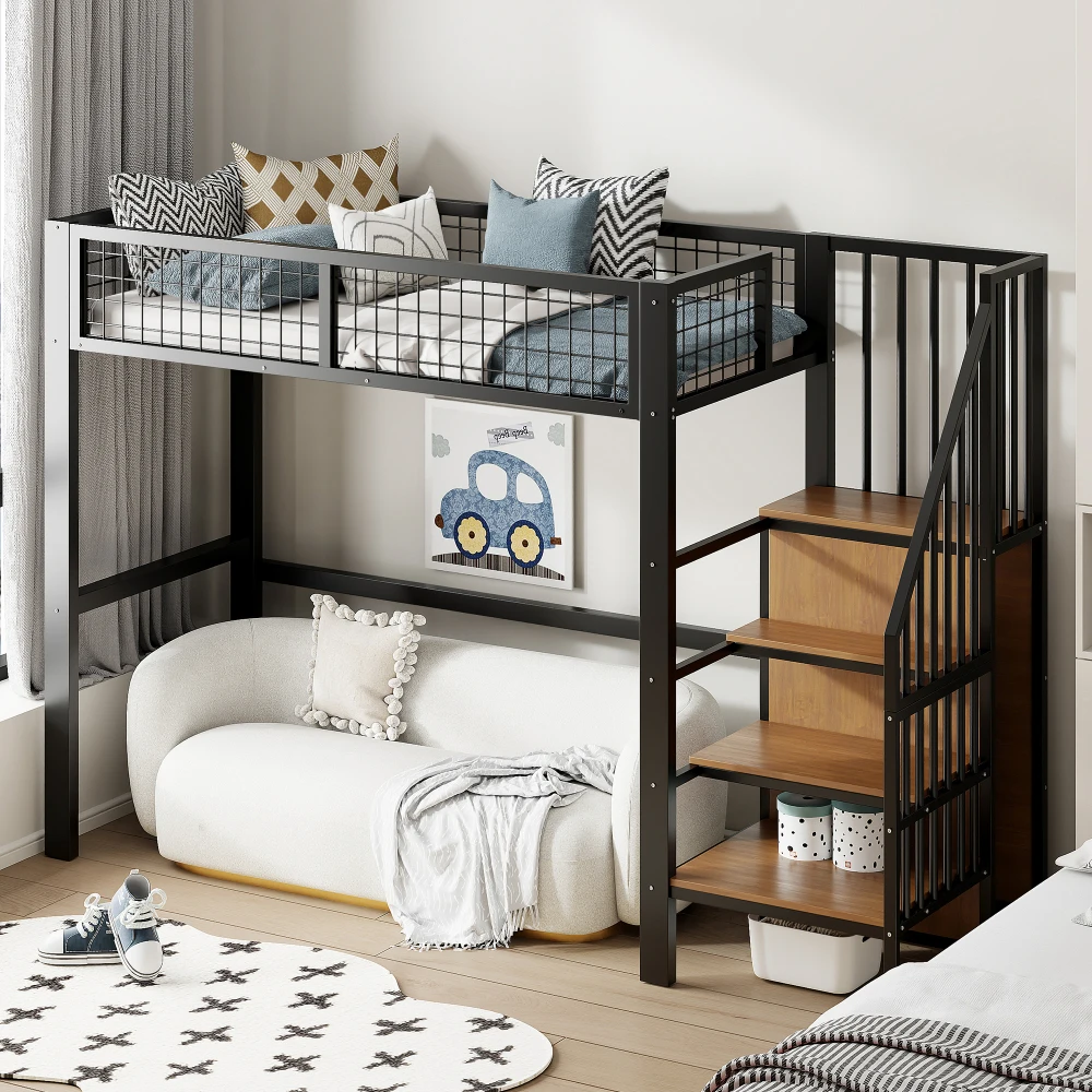 Space-Saving Kids Bedroom Furniture Set Wardrobe Sturdy Iron Frame Crib 90*200 High Bed Multifunctional Storage Rack Organizer