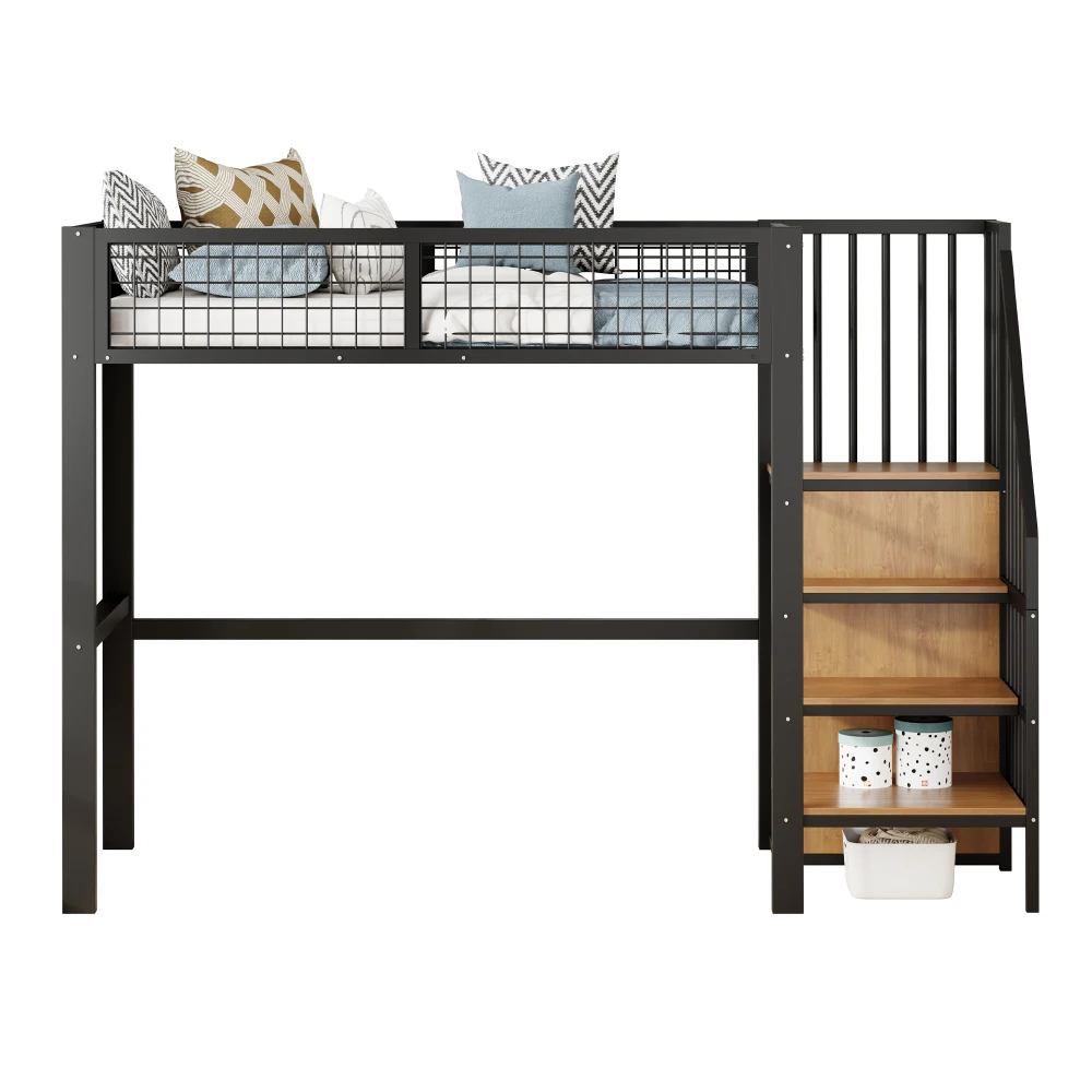 Space-Saving Kids Bedroom Furniture Set Wardrobe Sturdy Iron Frame Crib 90*200 High Bed Multifunctional Storage Rack Organizer