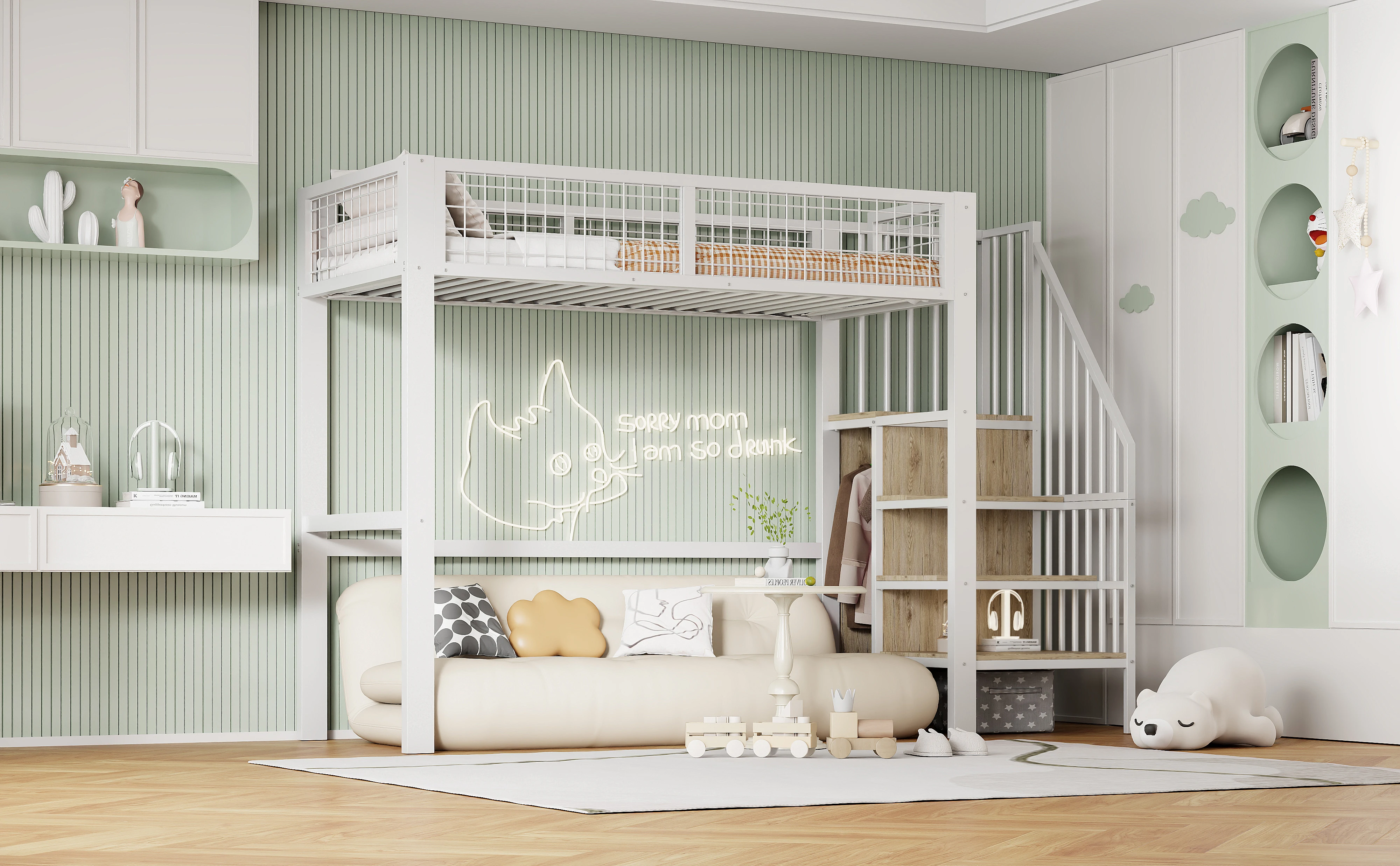 Space-Saving Kids Bedroom Furniture Set Wardrobe Sturdy Iron Frame Crib 90*200 High Bed Multifunctional Storage Rack Organizer