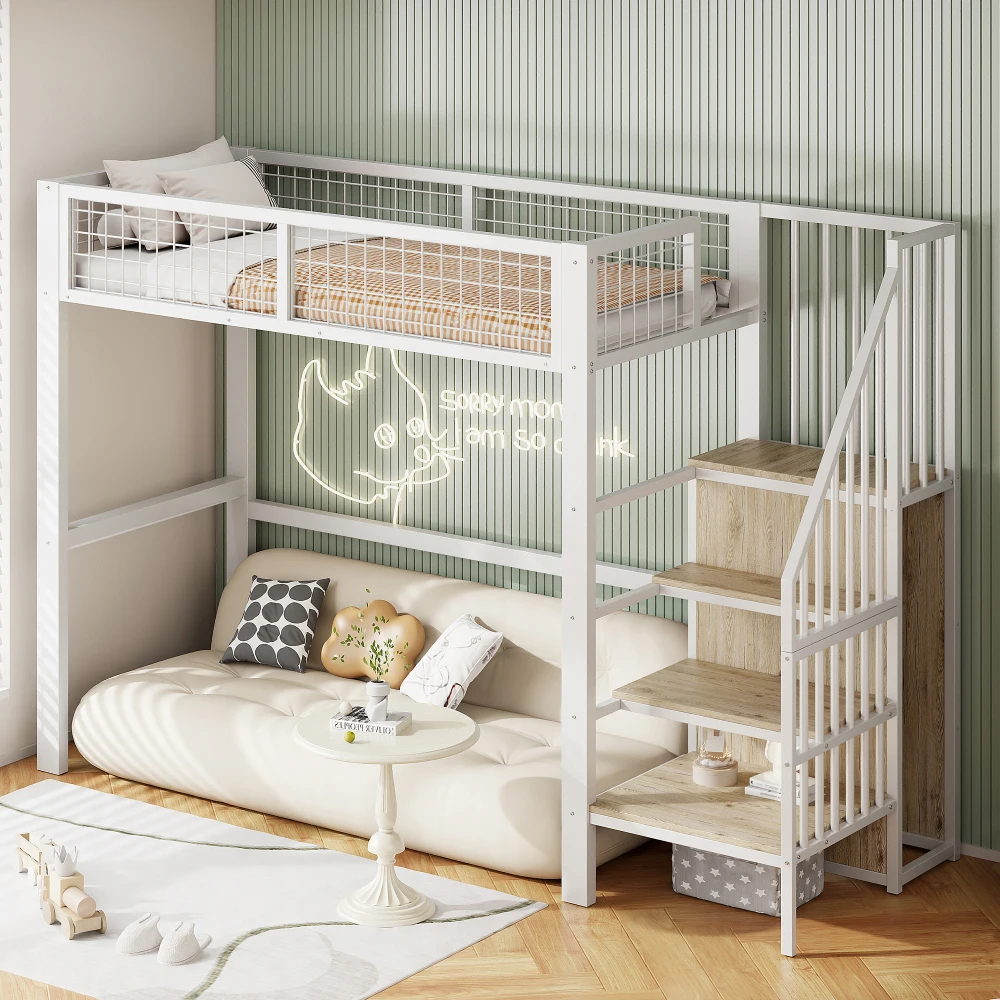 Space-Saving Kids Bedroom Furniture Set Wardrobe Sturdy Iron Frame Crib 90*200 High Bed Multifunctional Storage Rack Organizer
