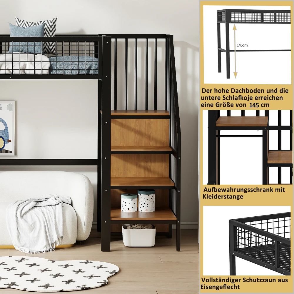 Space-Saving Kids Bedroom Furniture Set Wardrobe Sturdy Iron Frame Crib 90*200 High Bed Multifunctional Storage Rack Organizer