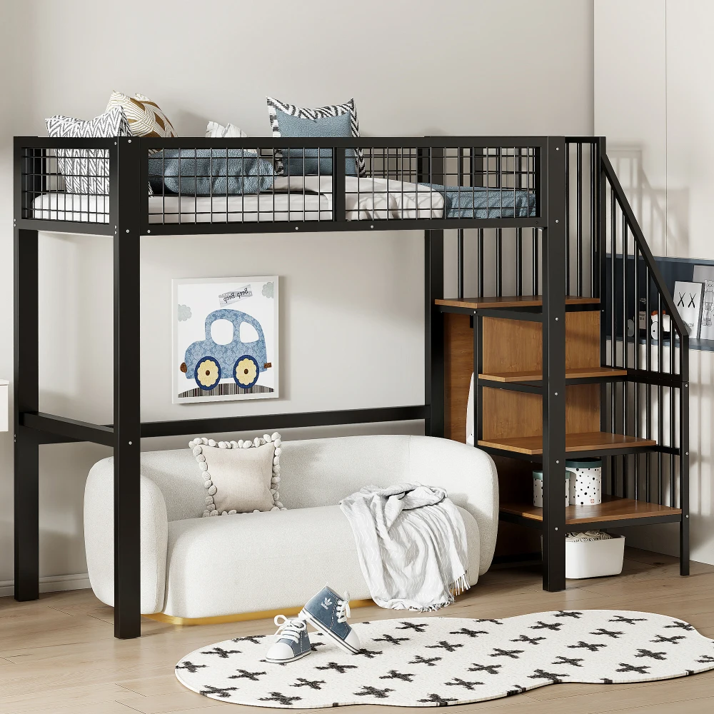 Space-Saving Kids Bedroom Furniture Set Wardrobe Sturdy Iron Frame Crib 90*200 High Bed Multifunctional Storage Rack Organizer