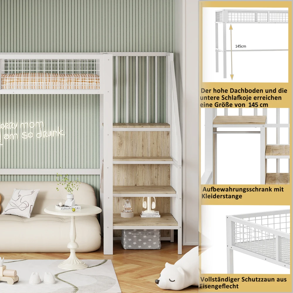 Space-Saving Kids Bedroom Furniture Set Wardrobe Sturdy Iron Frame Crib 90*200 High Bed Multifunctional Storage Rack Organizer