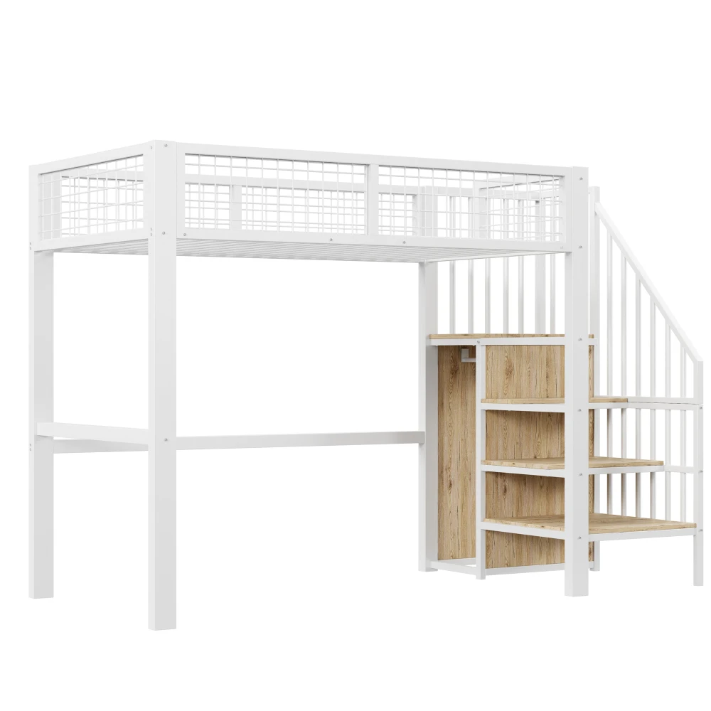 Space-Saving Kids Bedroom Furniture Set Wardrobe Sturdy Iron Frame Crib 90*200 High Bed Multifunctional Storage Rack Organizer