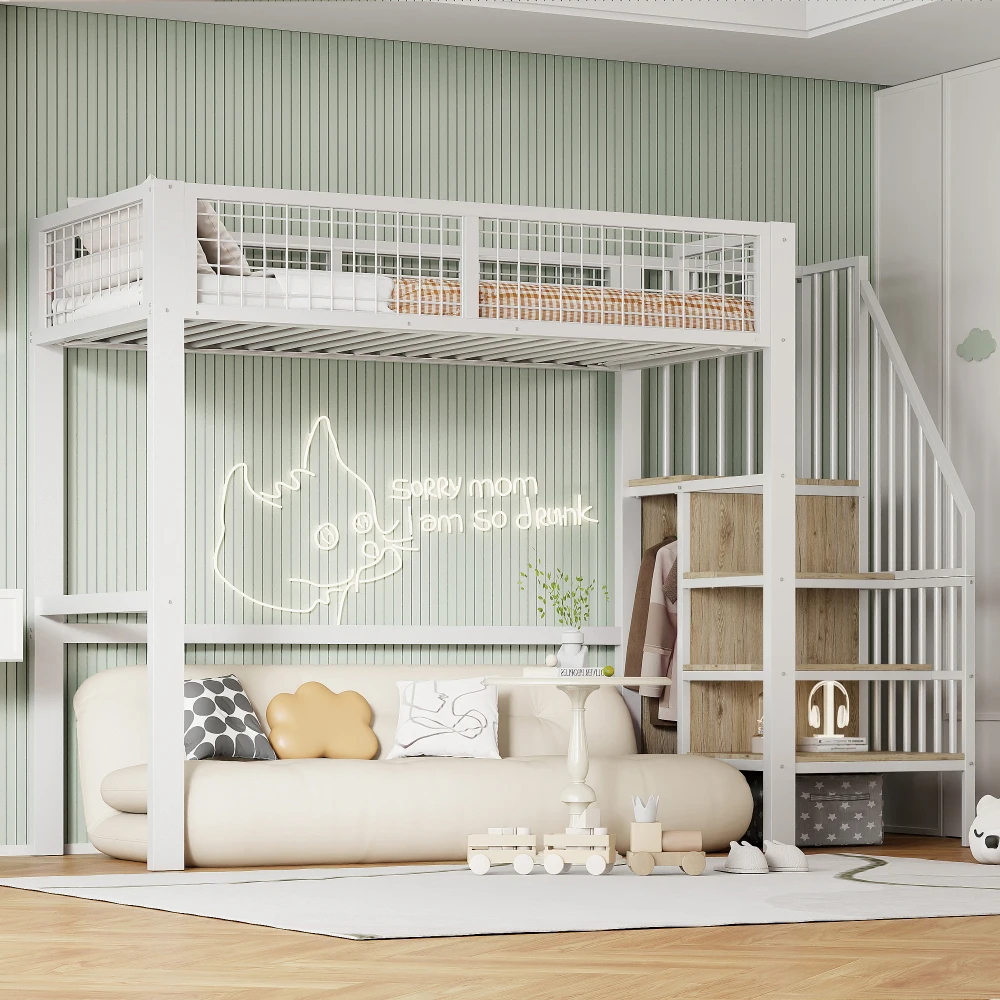 Space-Saving Kids Bedroom Furniture Set Wardrobe Sturdy Iron Frame Crib 90*200 High Bed Multifunctional Storage Rack Organizer