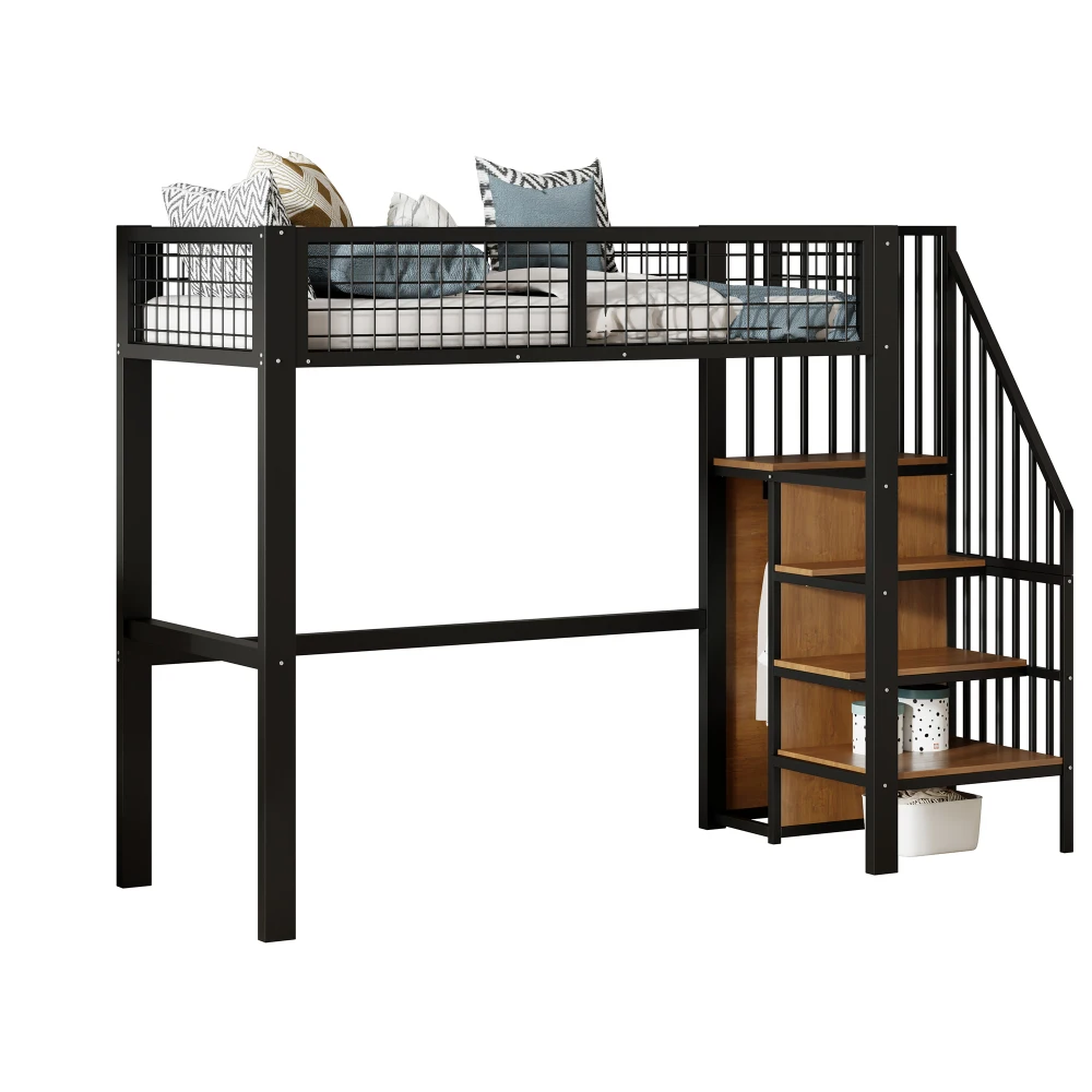 Space-Saving Kids Bedroom Furniture Set Wardrobe Sturdy Iron Frame Crib 90*200 High Bed Multifunctional Storage Rack Organizer