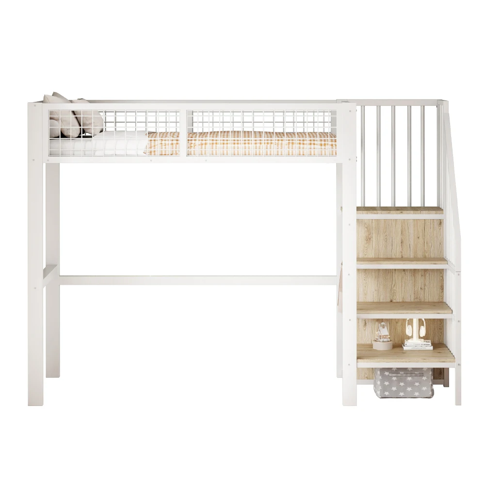 Space-Saving Kids Bedroom Furniture Set Wardrobe Sturdy Iron Frame Crib 90*200 High Bed Multifunctional Storage Rack Organizer