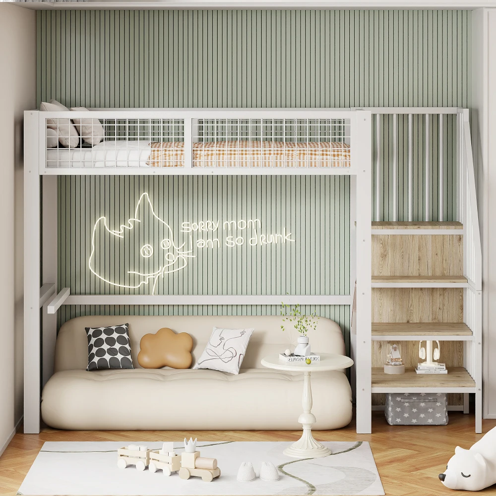 Space-Saving Kids Bedroom Furniture Set Wardrobe Sturdy Iron Frame Crib 90*200 High Bed Multifunctional Storage Rack Organizer