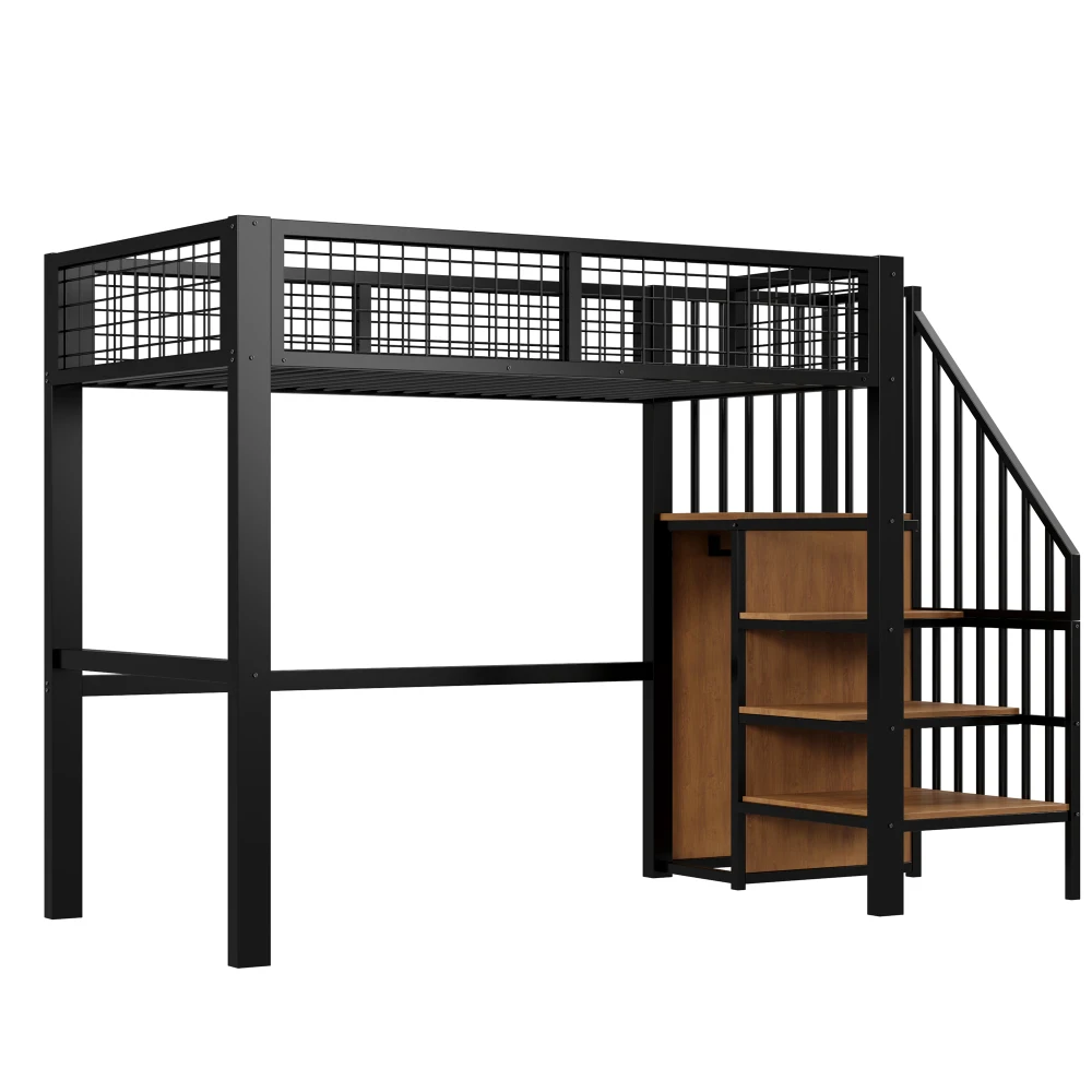 Space-Saving Kids Bedroom Furniture Set Wardrobe Sturdy Iron Frame Crib 90*200 High Bed Multifunctional Storage Rack Organizer