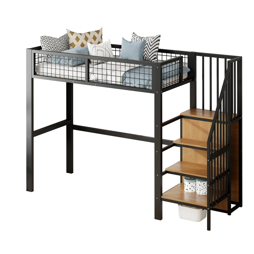 Space-Saving Kids Bedroom Furniture Set Wardrobe Sturdy Iron Frame Crib 90*200 High Bed Multifunctional Storage Rack Organizer