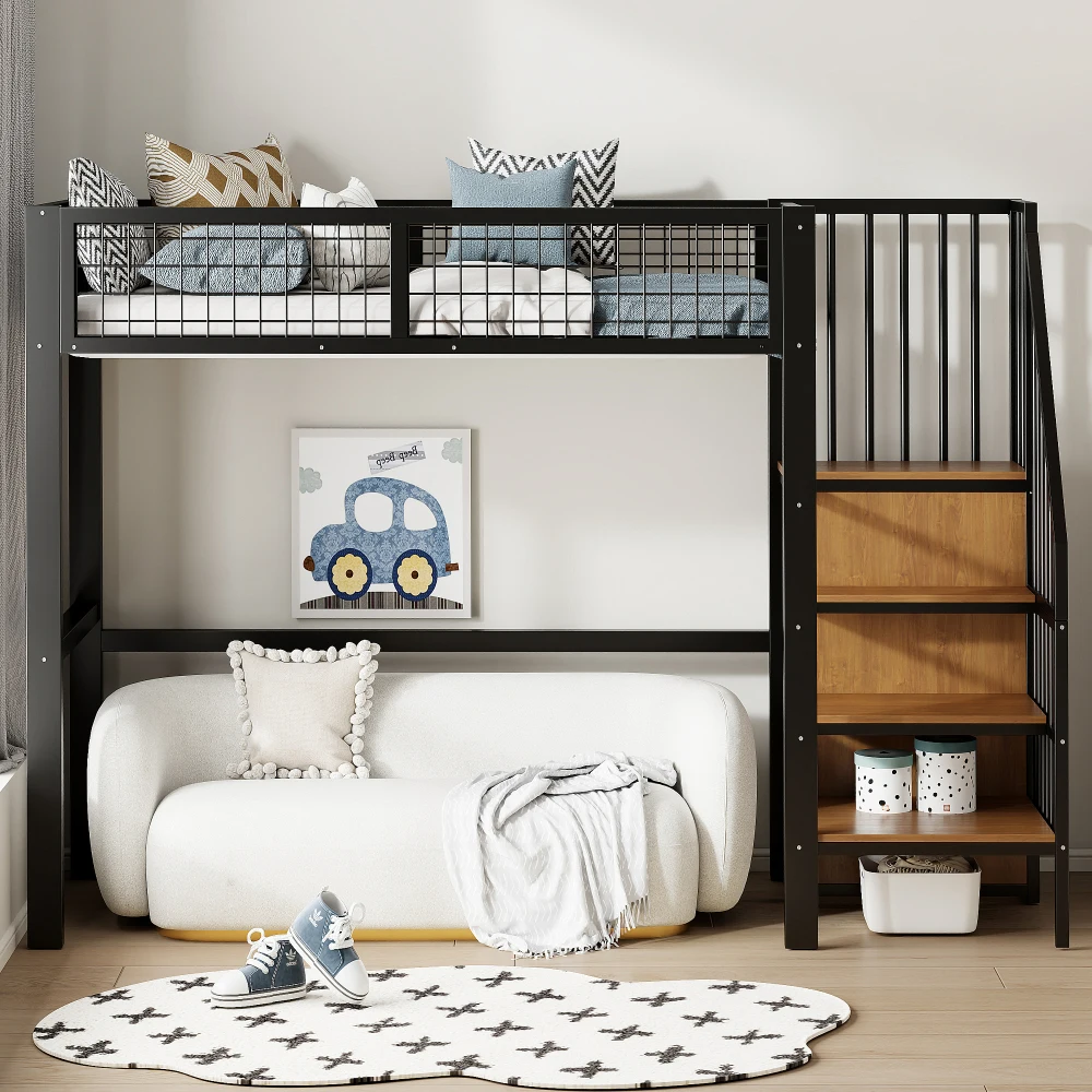 Space-Saving Kids Bedroom Furniture Set Wardrobe Sturdy Iron Frame Crib 90*200 High Bed Multifunctional Storage Rack Organizer