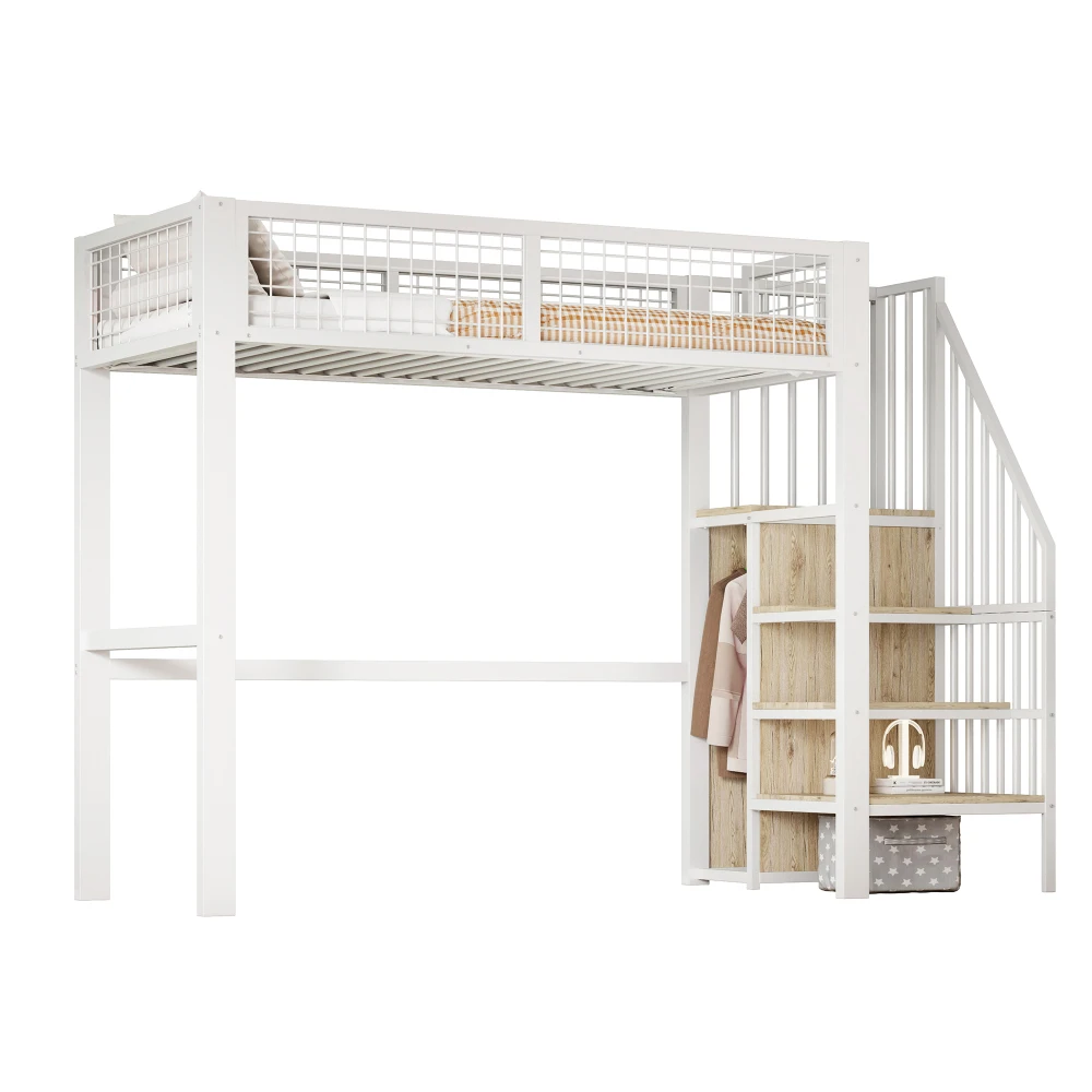 Space-Saving Kids Bedroom Furniture Set Wardrobe Sturdy Iron Frame Crib 90*200 High Bed Multifunctional Storage Rack Organizer