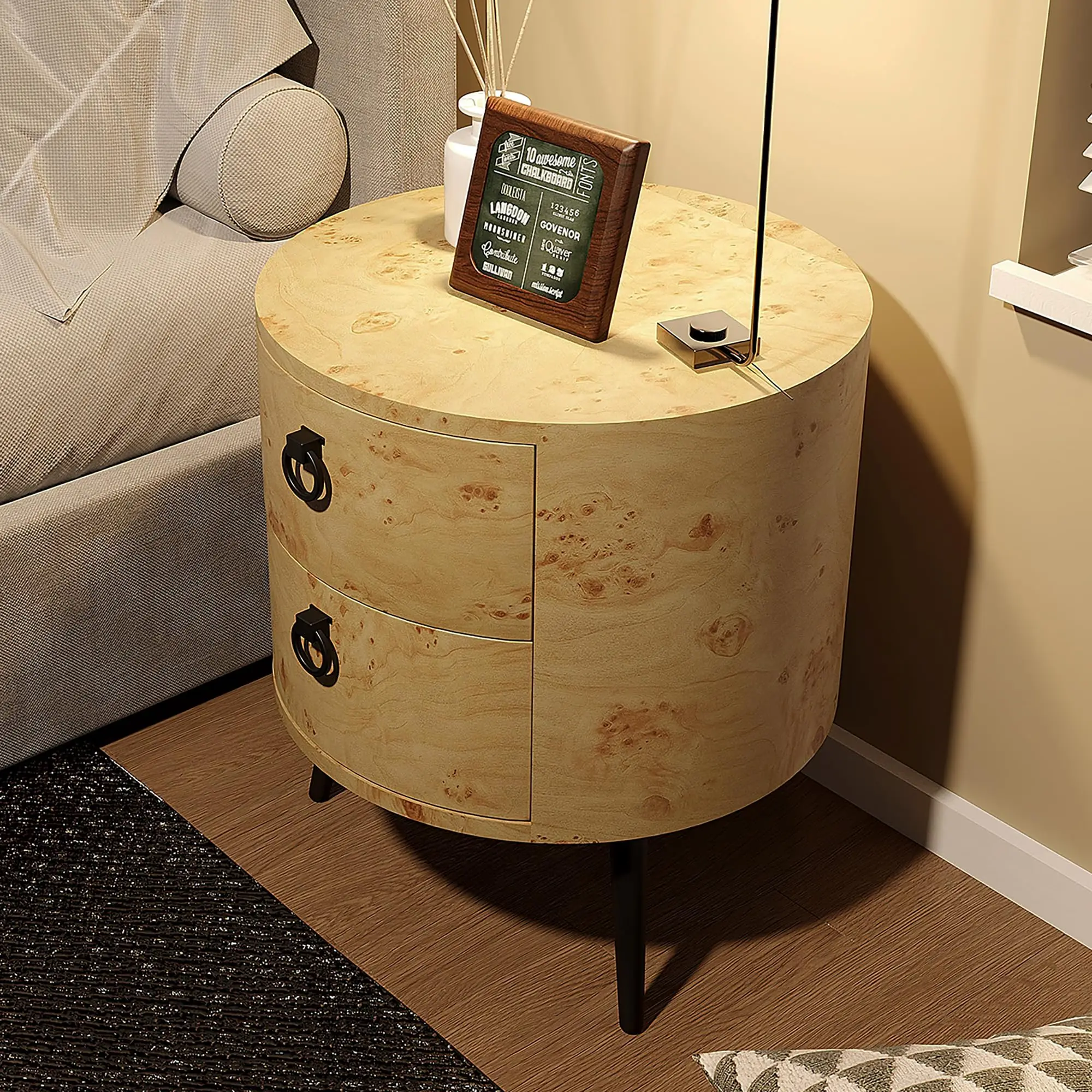 Wooden End Table with 2 Drawers,Modern Farmhouse Nightstand Round Side Table with Metal Legs for Bedroom, Living Room & Office