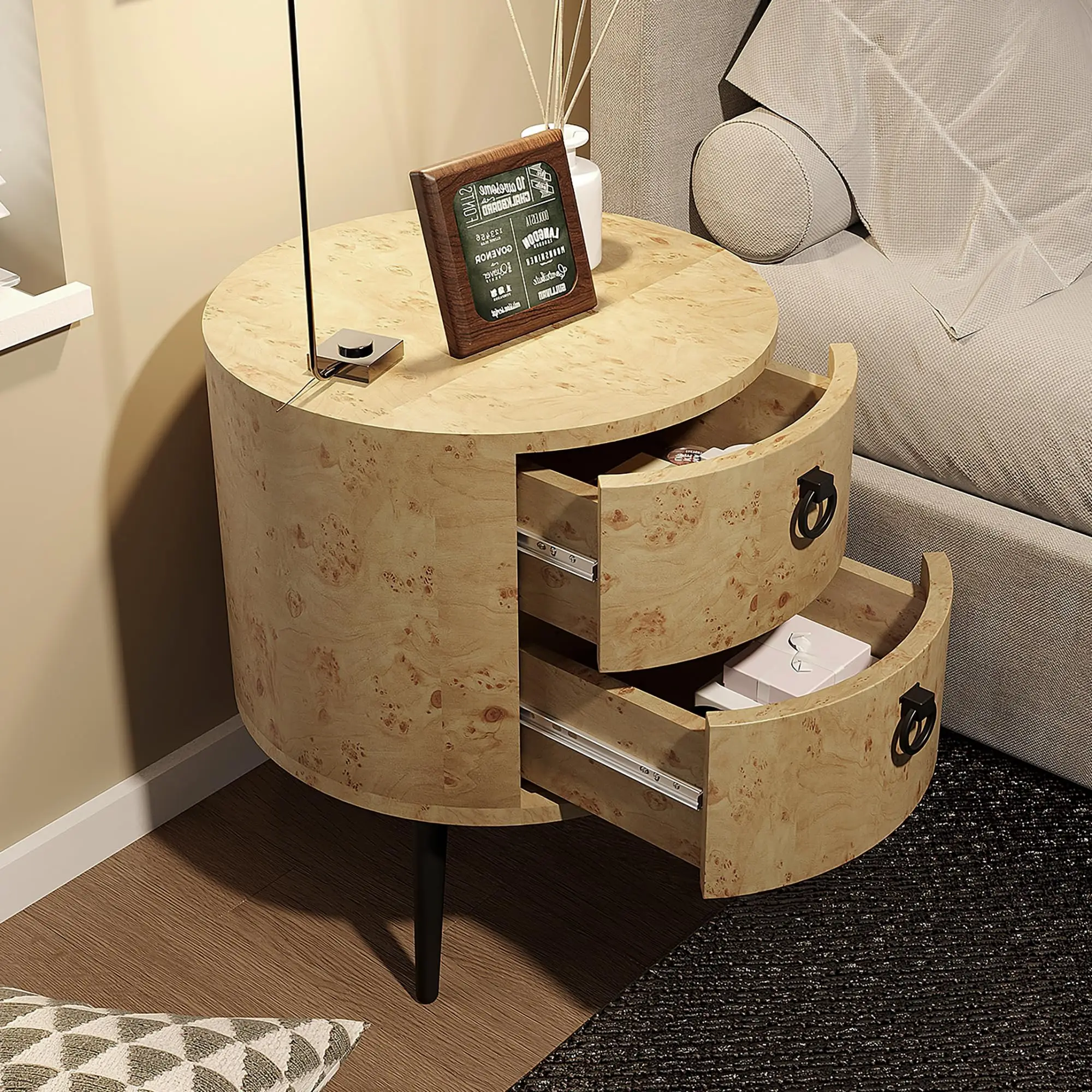 Wooden End Table with 2 Drawers,Modern Farmhouse Nightstand Round Side Table with Metal Legs for Bedroom, Living Room & Office