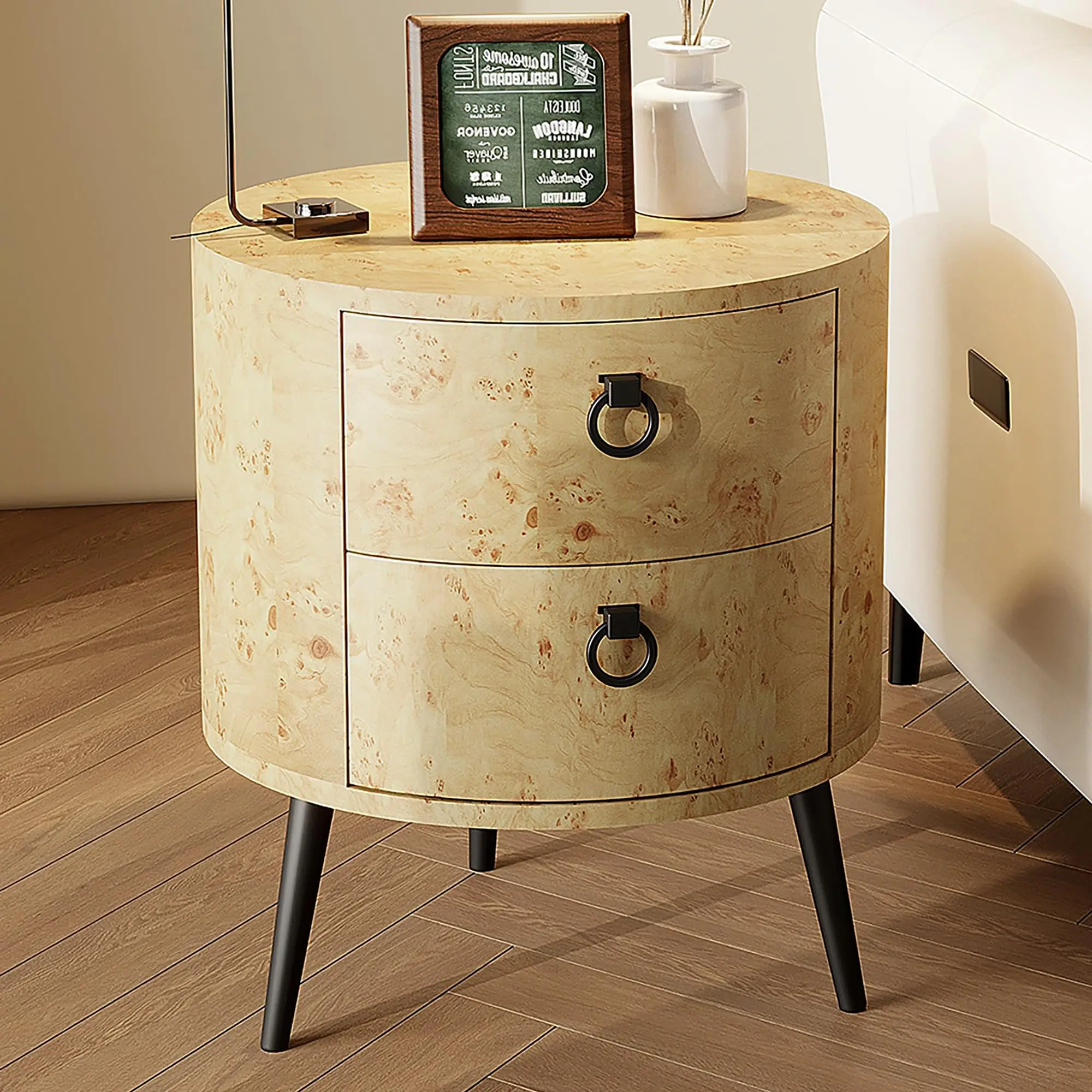 Wooden End Table with 2 Drawers,Modern Farmhouse Nightstand Round Side Table with Metal Legs for Bedroom, Living Room & Office