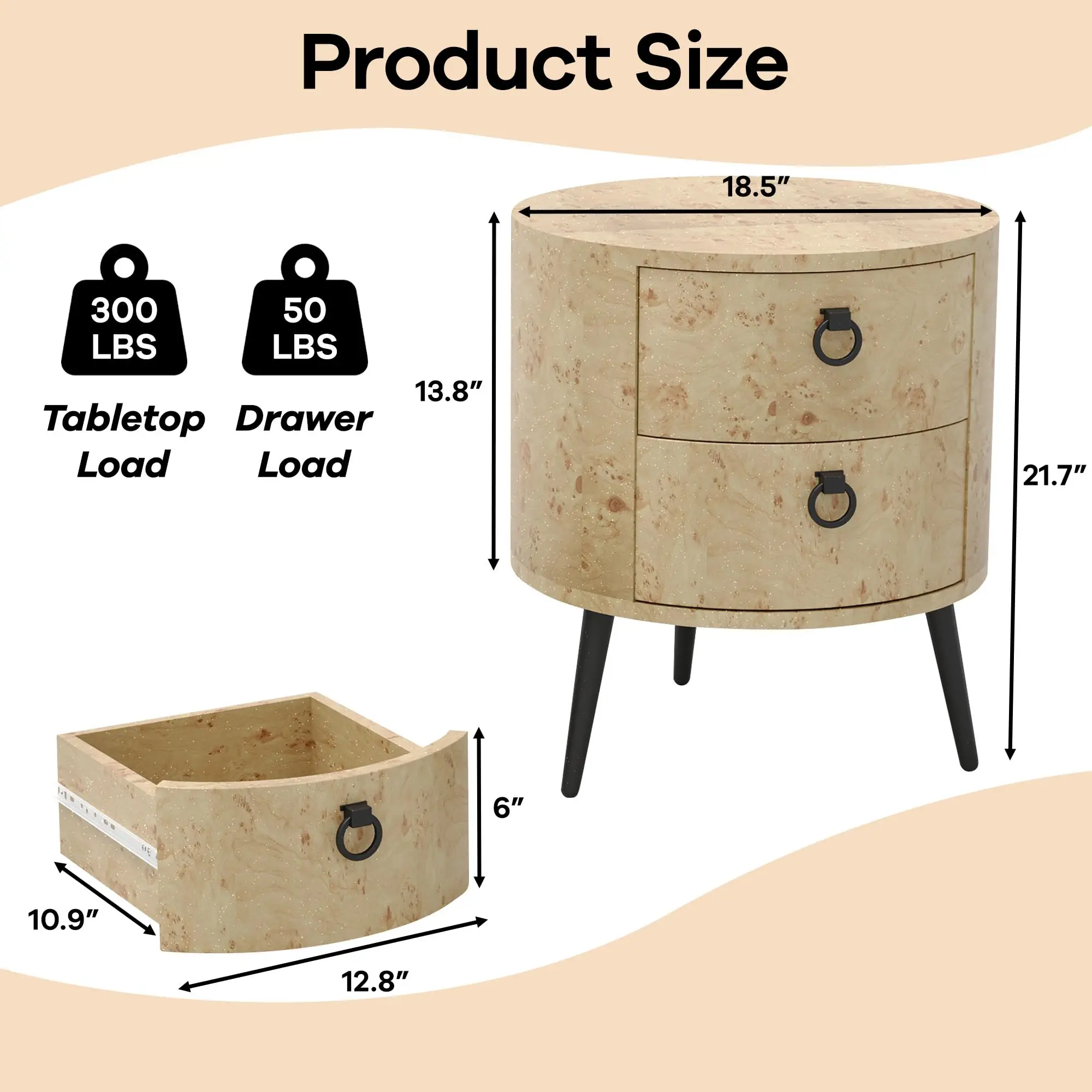 Wooden End Table with 2 Drawers,Modern Farmhouse Nightstand Round Side Table with Metal Legs for Bedroom, Living Room & Office