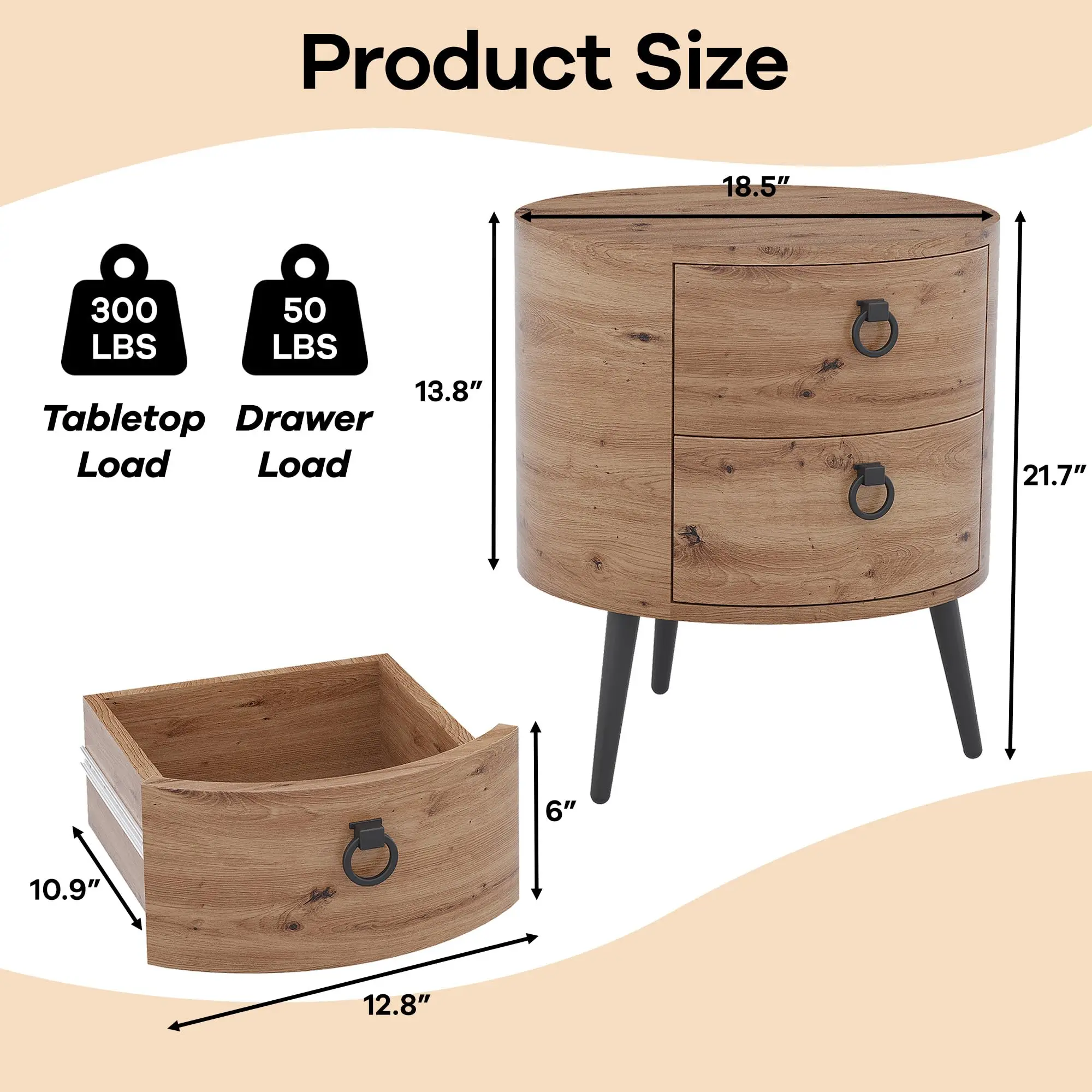 Wooden End Table with 2 Drawers,Modern Farmhouse Nightstand Round Side Table with Metal Legs for Bedroom, Living Room & Office
