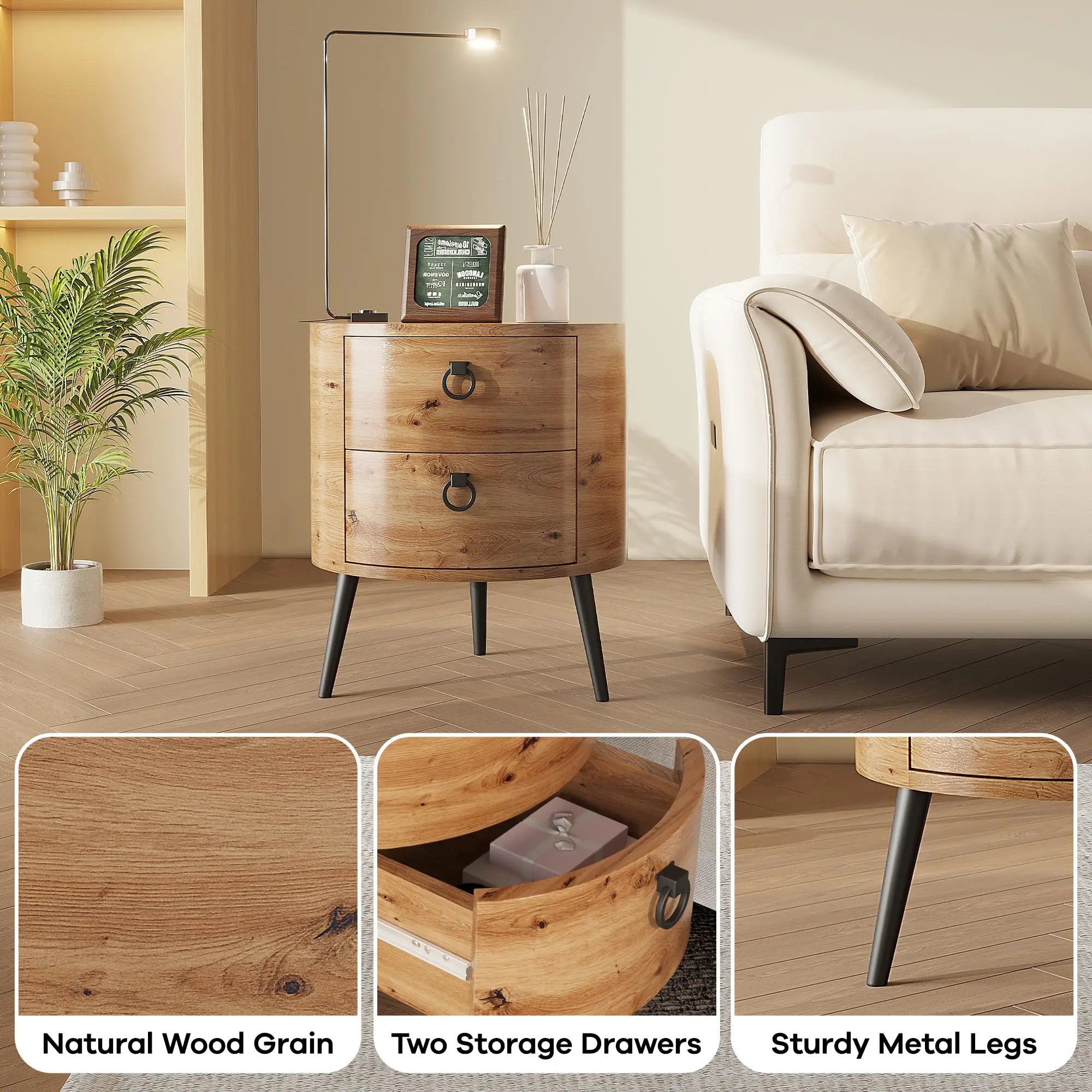 Wooden End Table with 2 Drawers,Modern Farmhouse Nightstand Round Side Table with Metal Legs for Bedroom, Living Room & Office