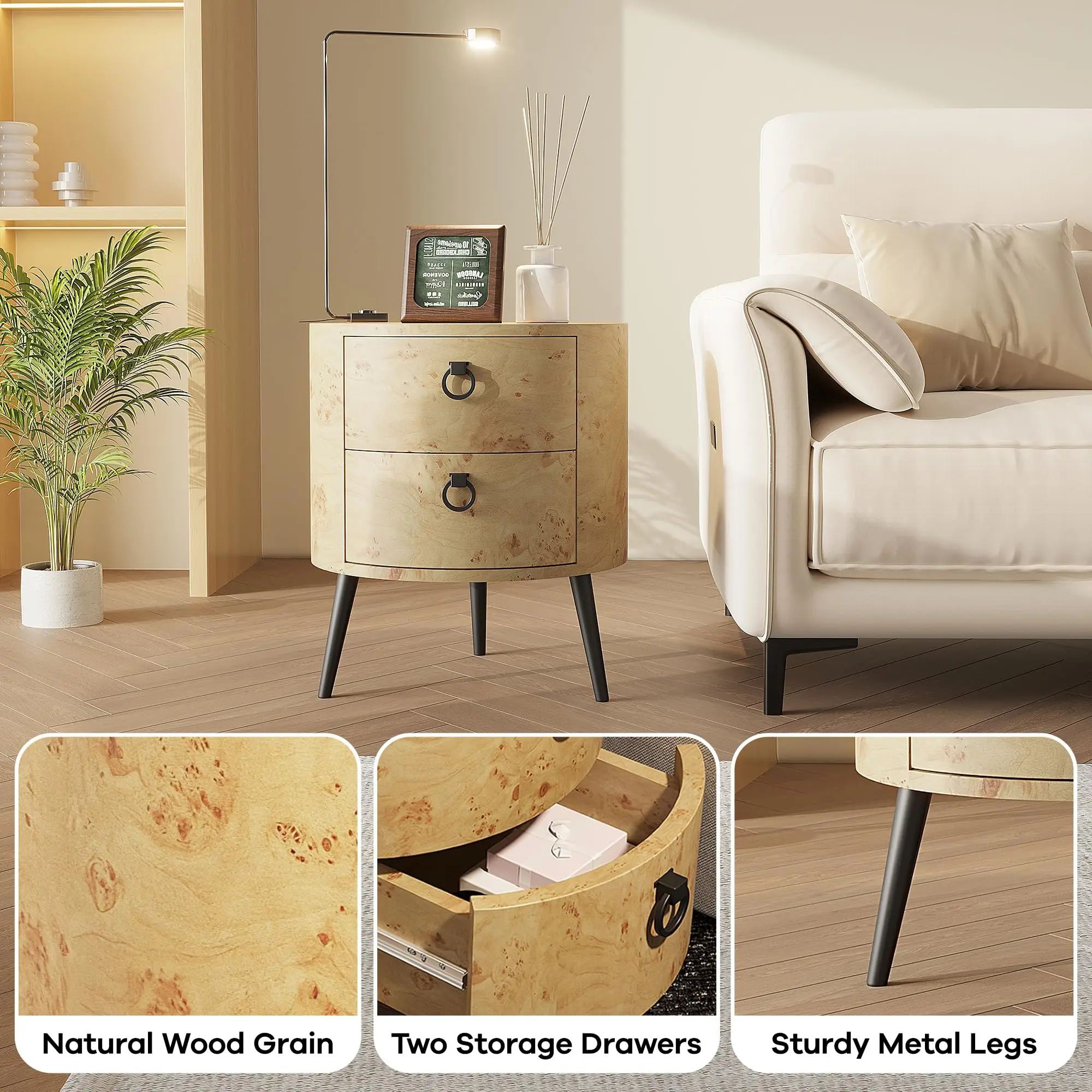 Wooden End Table with 2 Drawers,Modern Farmhouse Nightstand Round Side Table with Metal Legs for Bedroom, Living Room & Office