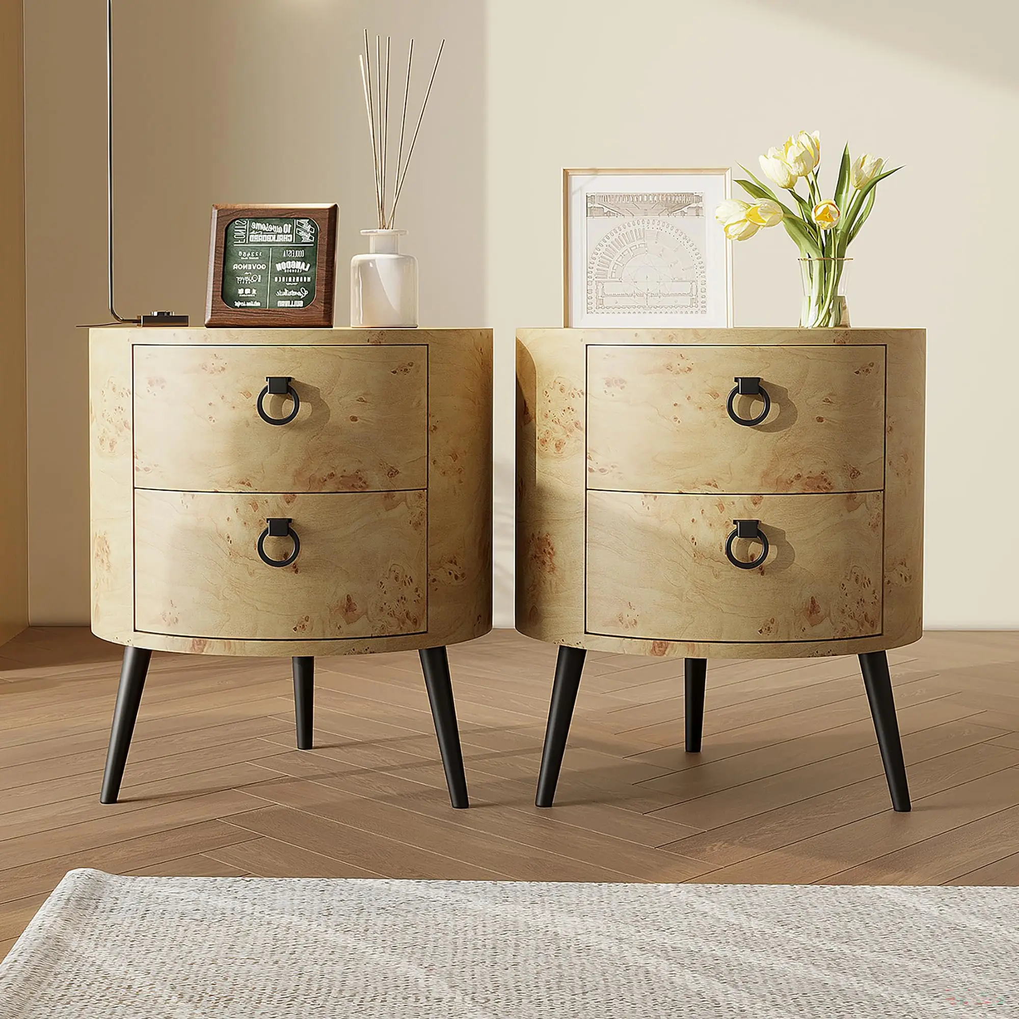 Wooden End Table with 2 Drawers,Modern Farmhouse Nightstand Round Side Table with Metal Legs for Bedroom, Living Room & Office