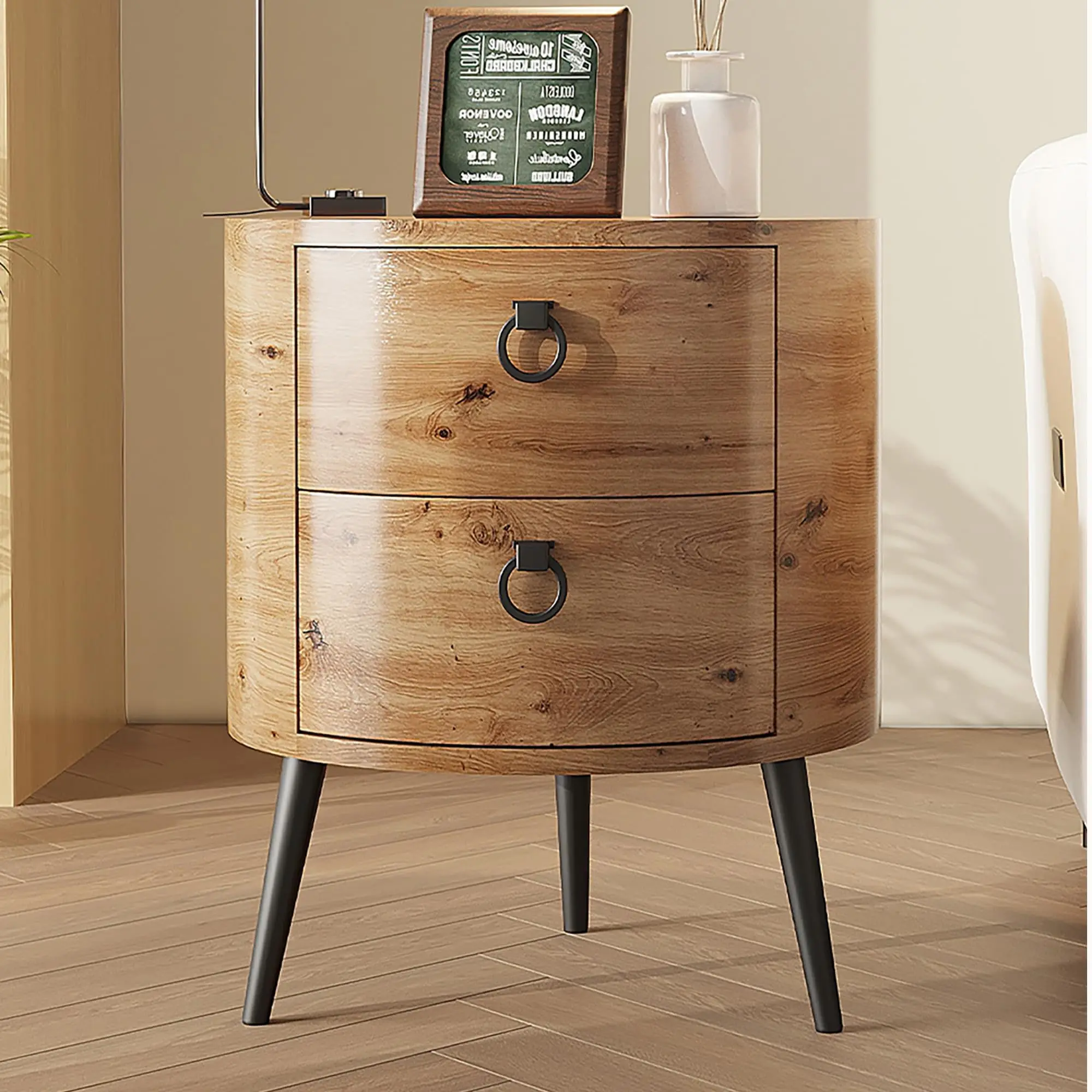 Wooden End Table with 2 Drawers,Modern Farmhouse Nightstand Round Side Table with Metal Legs for Bedroom, Living Room & Office