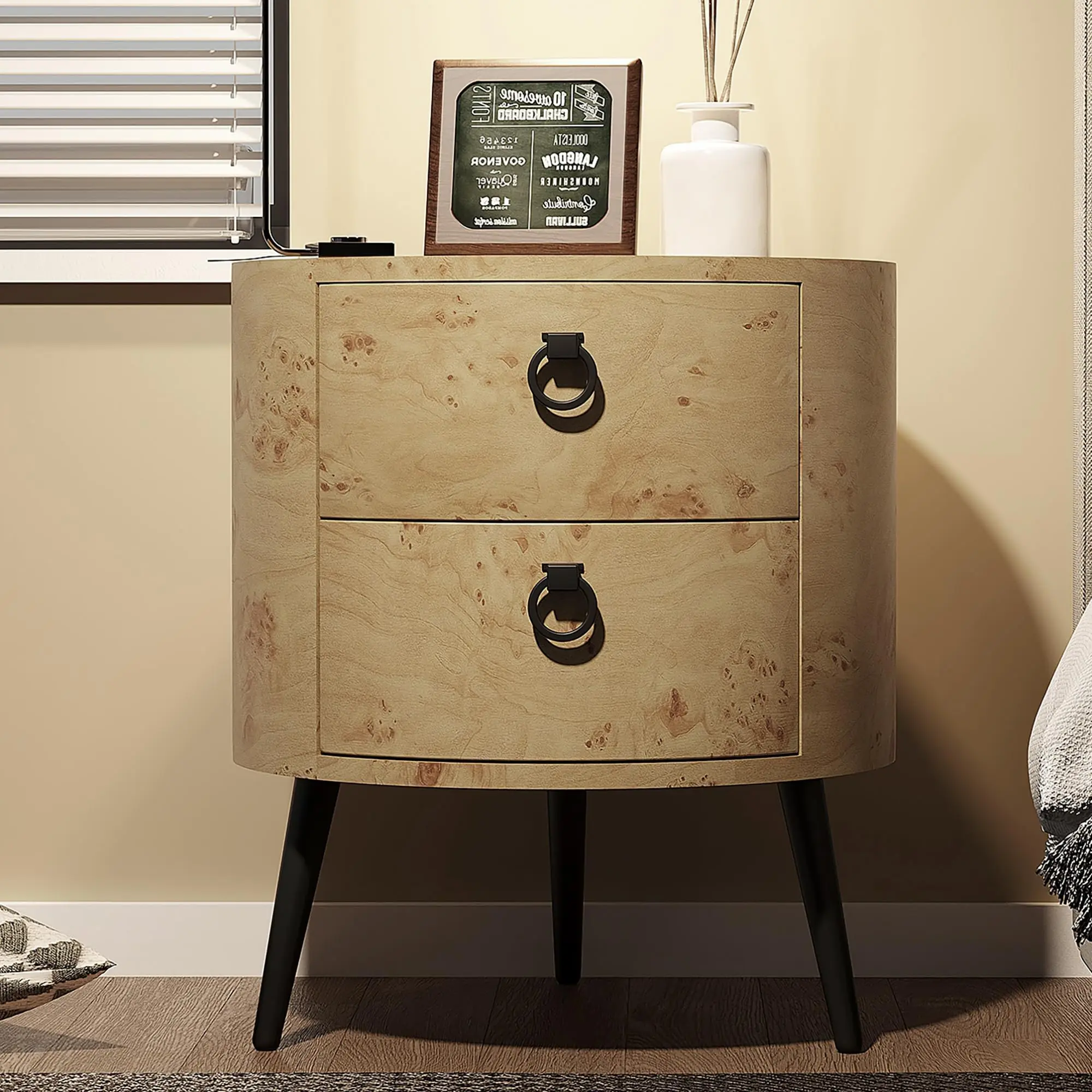 Wooden End Table with 2 Drawers,Modern Farmhouse Nightstand Round Side Table with Metal Legs for Bedroom, Living Room & Office