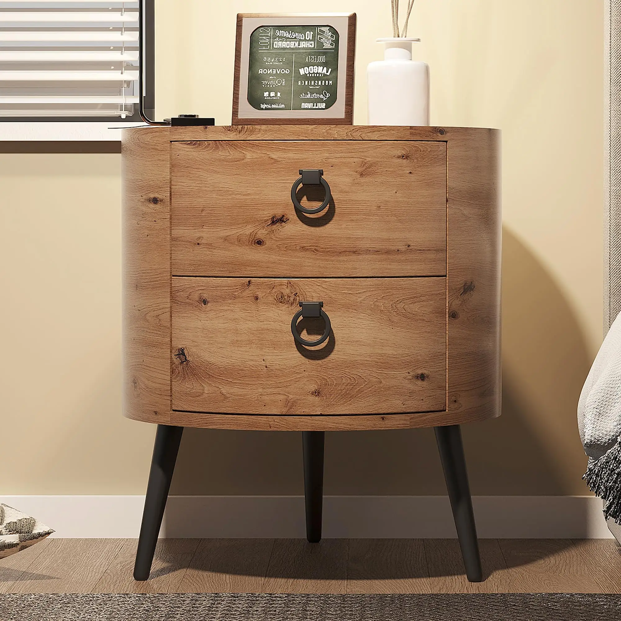Wooden End Table with 2 Drawers,Modern Farmhouse Nightstand Round Side Table with Metal Legs for Bedroom, Living Room & Office