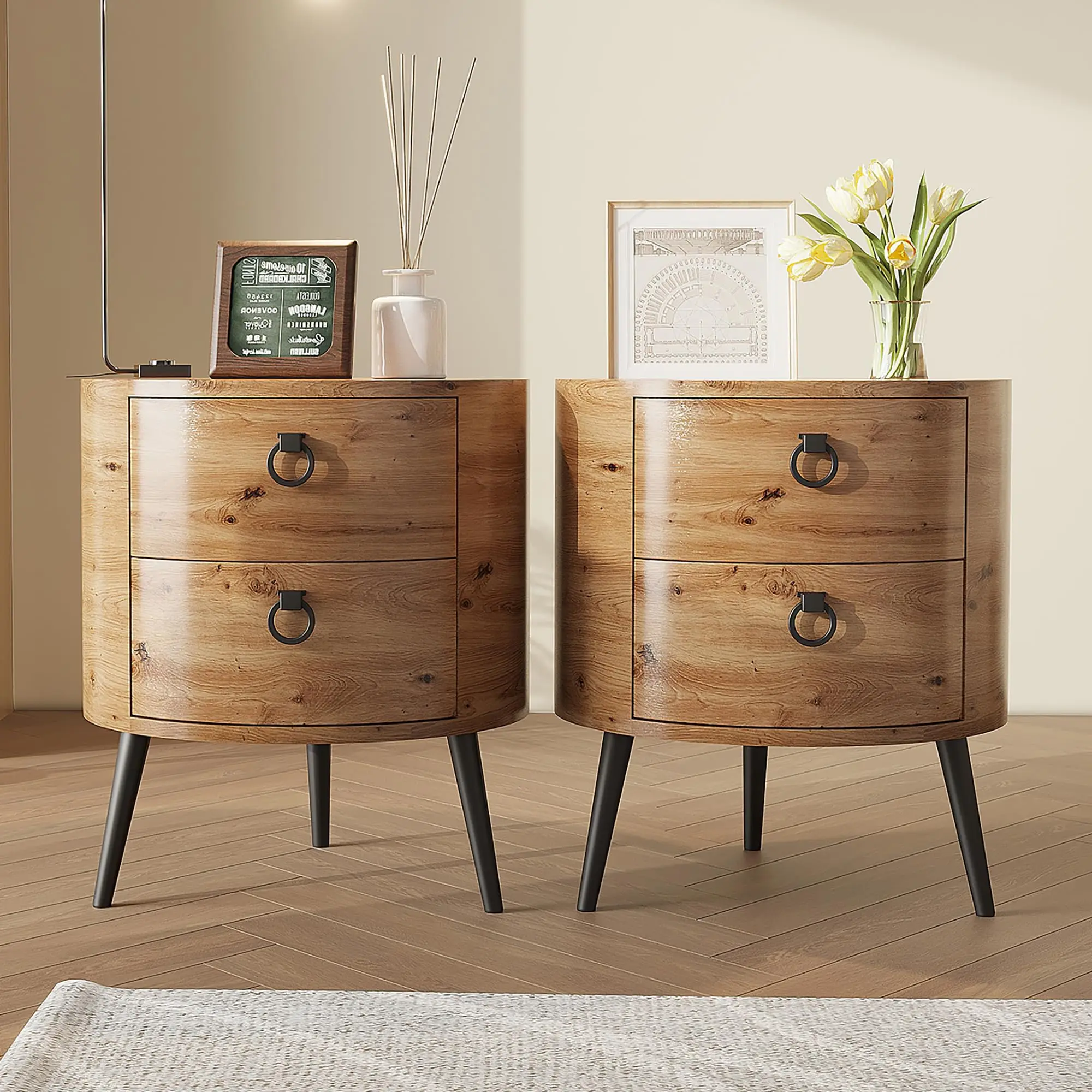 Wooden End Table with 2 Drawers,Modern Farmhouse Nightstand Round Side Table with Metal Legs for Bedroom, Living Room & Office