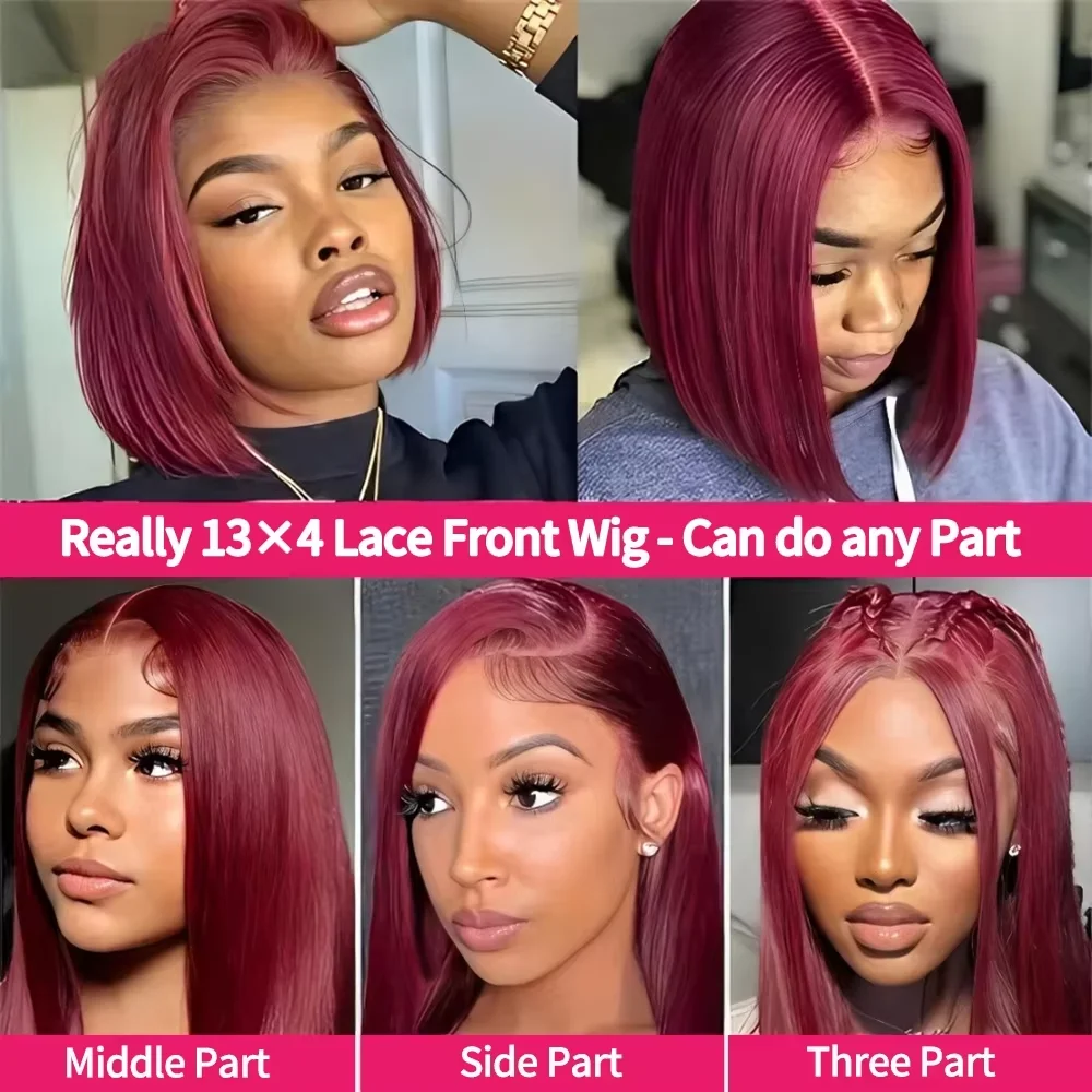 99J Burgundy 13x4 HD Bob Short Straight Wig Brazilian Virgin Hair Wigs Transparent Lace Frontal Wig Pre Plucked Human Hair