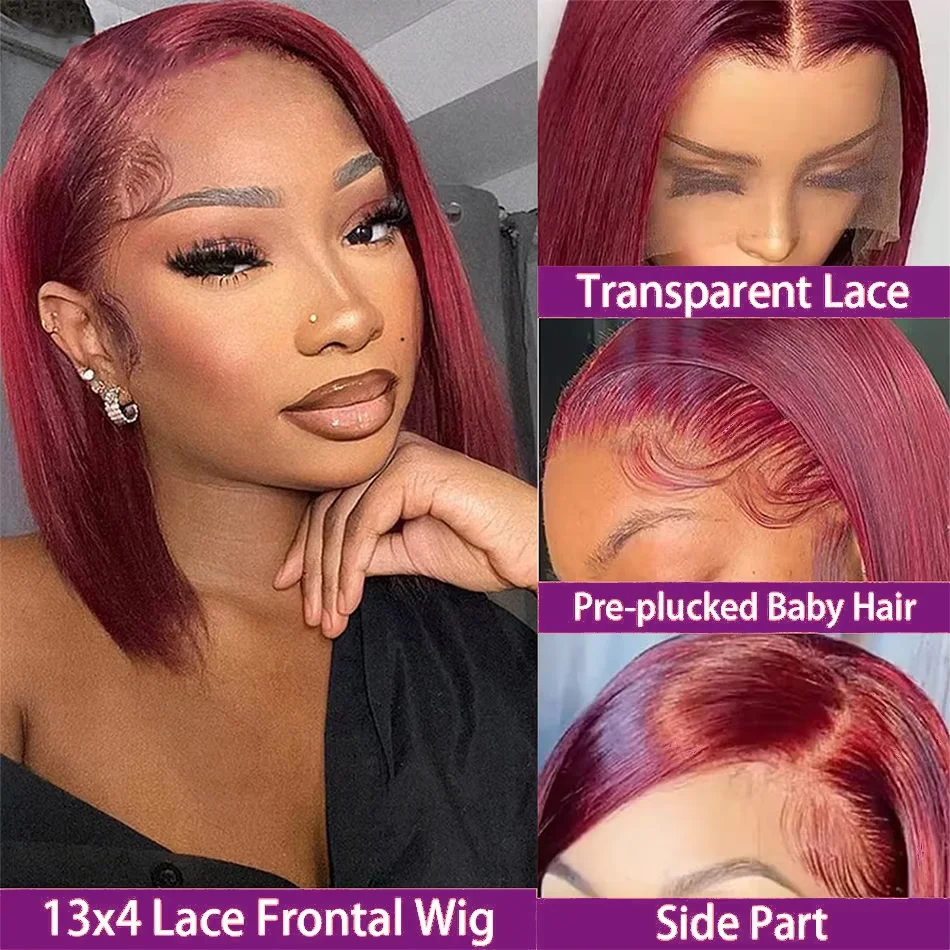99J Burgundy 13x4 HD Bob Short Straight Wig Brazilian Virgin Hair Wigs Transparent Lace Frontal Wig Pre Plucked Human Hair