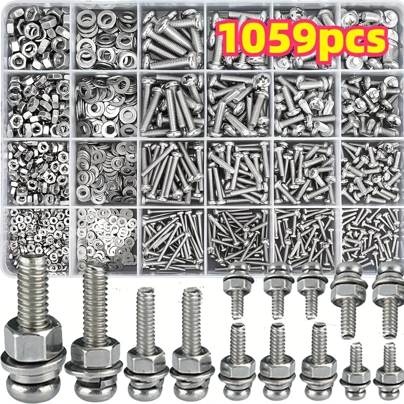 1059 screw, nut, and bolt combination kit, including round head screws, cross head bolts, with box