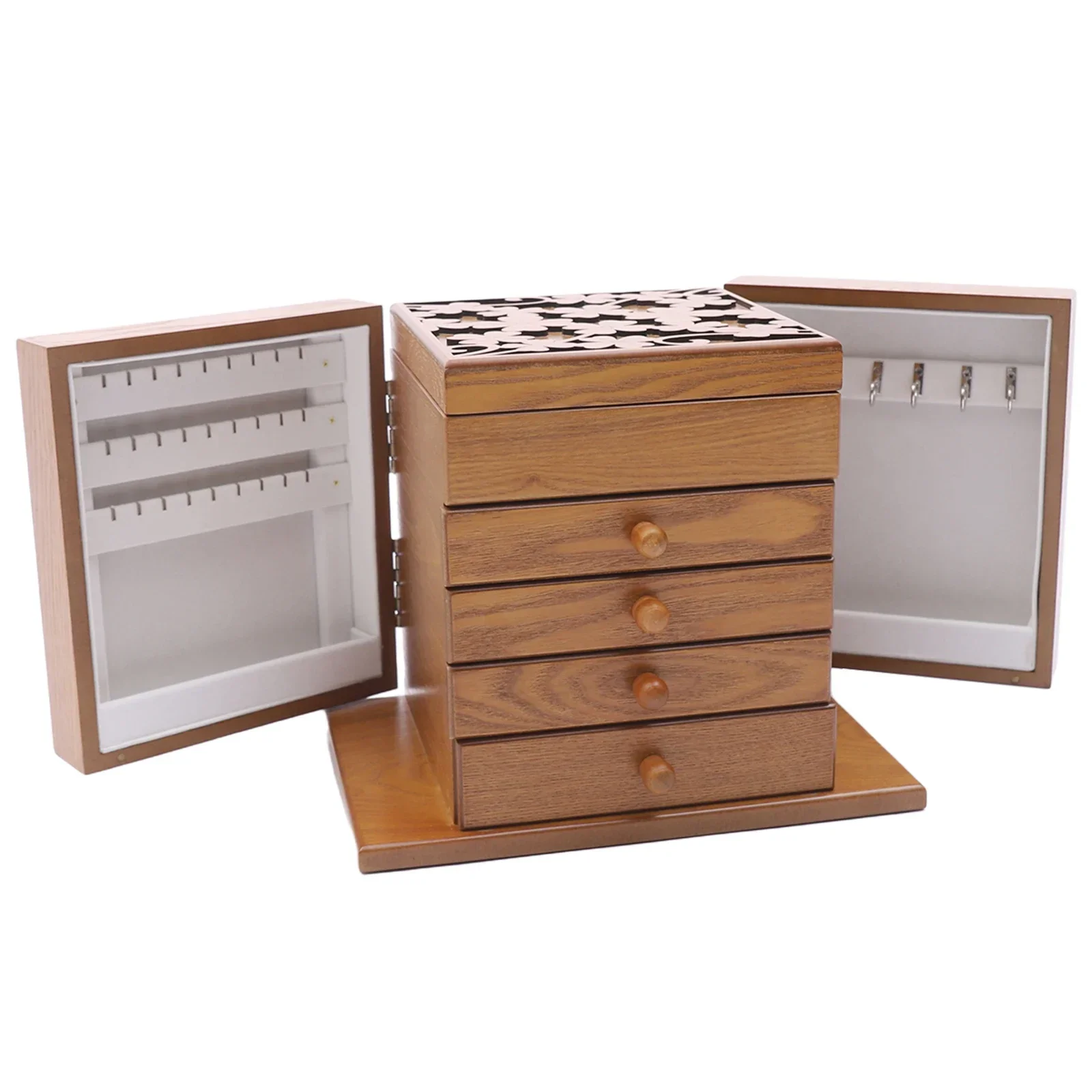 NEWEST 5 Tier Jewellery Box Storage Box,30 x 20 x 25cm, with 4 Drawers and Mirror for Rings, Earrings and Necklaces, Light Brown