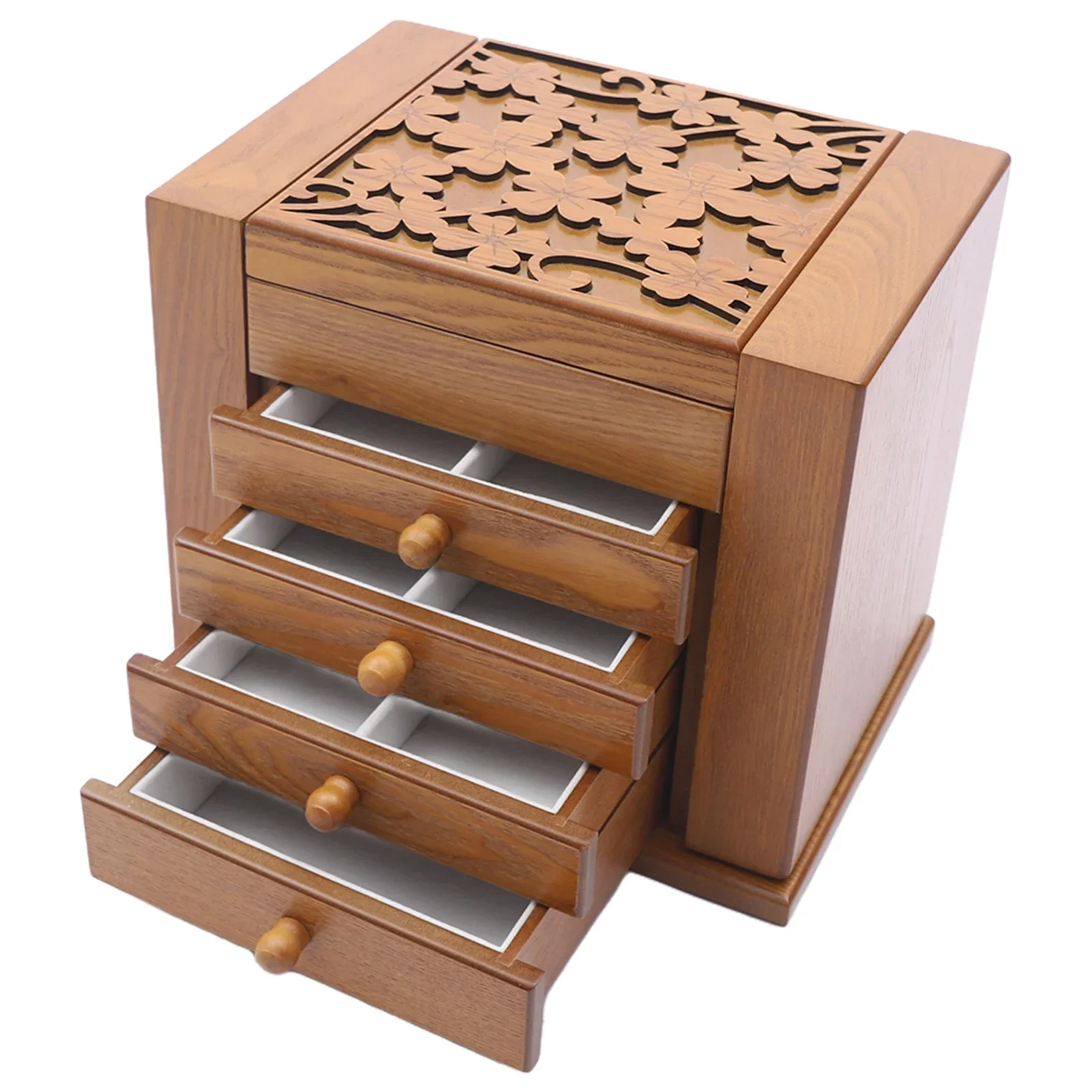 NEWEST 5 Tier Jewellery Box Storage Box,30 x 20 x 25cm, with 4 Drawers and Mirror for Rings, Earrings and Necklaces, Light Brown