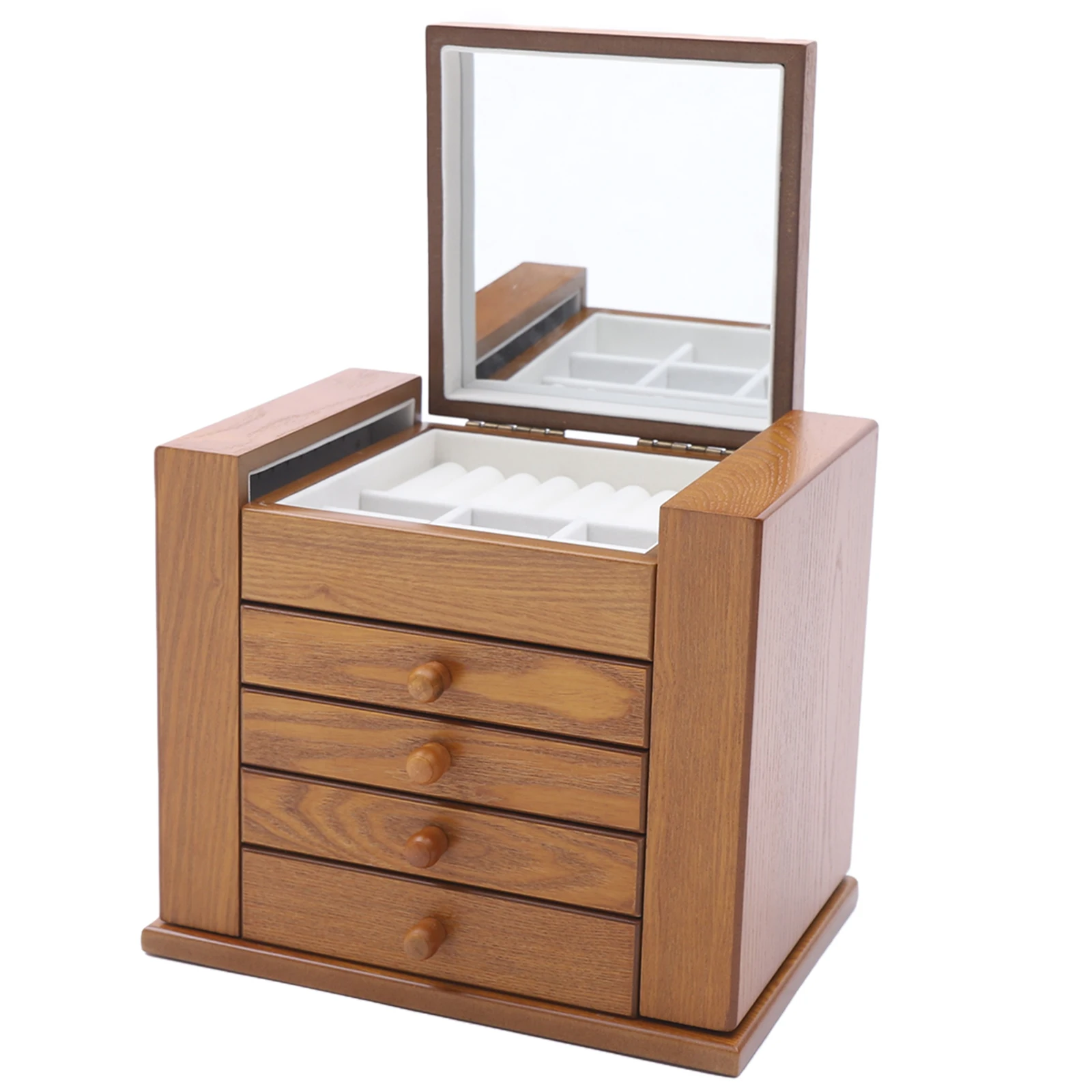 NEWEST 5 Tier Jewellery Box Storage Box,30 x 20 x 25cm, with 4 Drawers and Mirror for Rings, Earrings and Necklaces, Light Brown