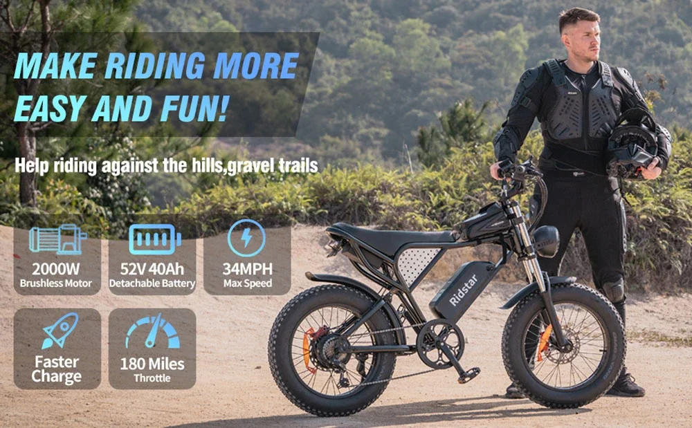 52V 1000W Fat Tire Electric Bicycles 40Ah Brushless Motors Mountain E-Bike 60KM/H 180KM Battery Long Range Ebike