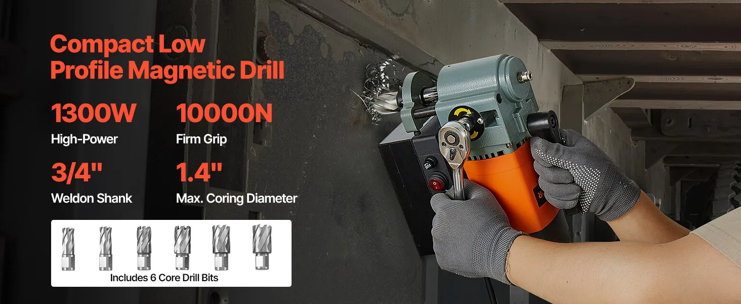 SucceBuy Low Profile Magnetic Drill Press 1300 W 1.4 in Boring Diameter 2248 lbf Power Portable Mag Drill Press 650RPM Speed
