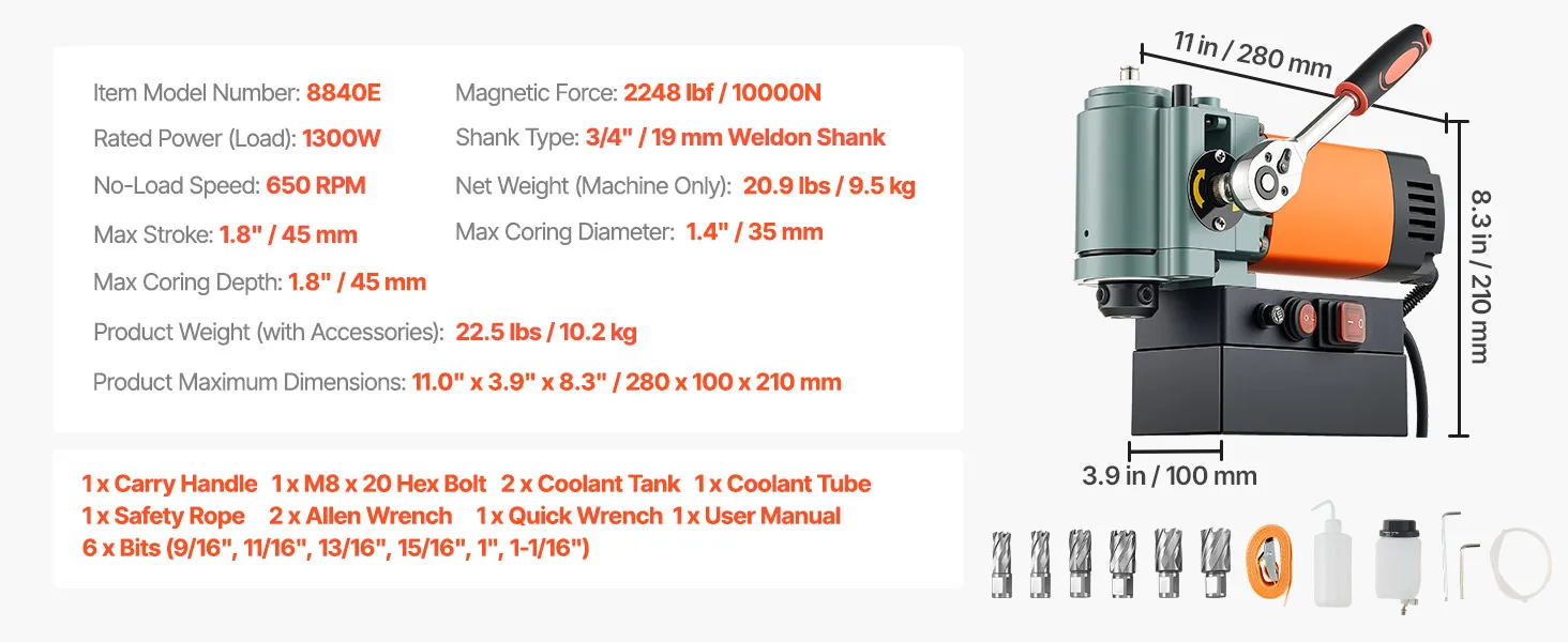 SucceBuy Low Profile Magnetic Drill Press 1300 W 1.4 in Boring Diameter 2248 lbf Power Portable Mag Drill Press 650RPM Speed