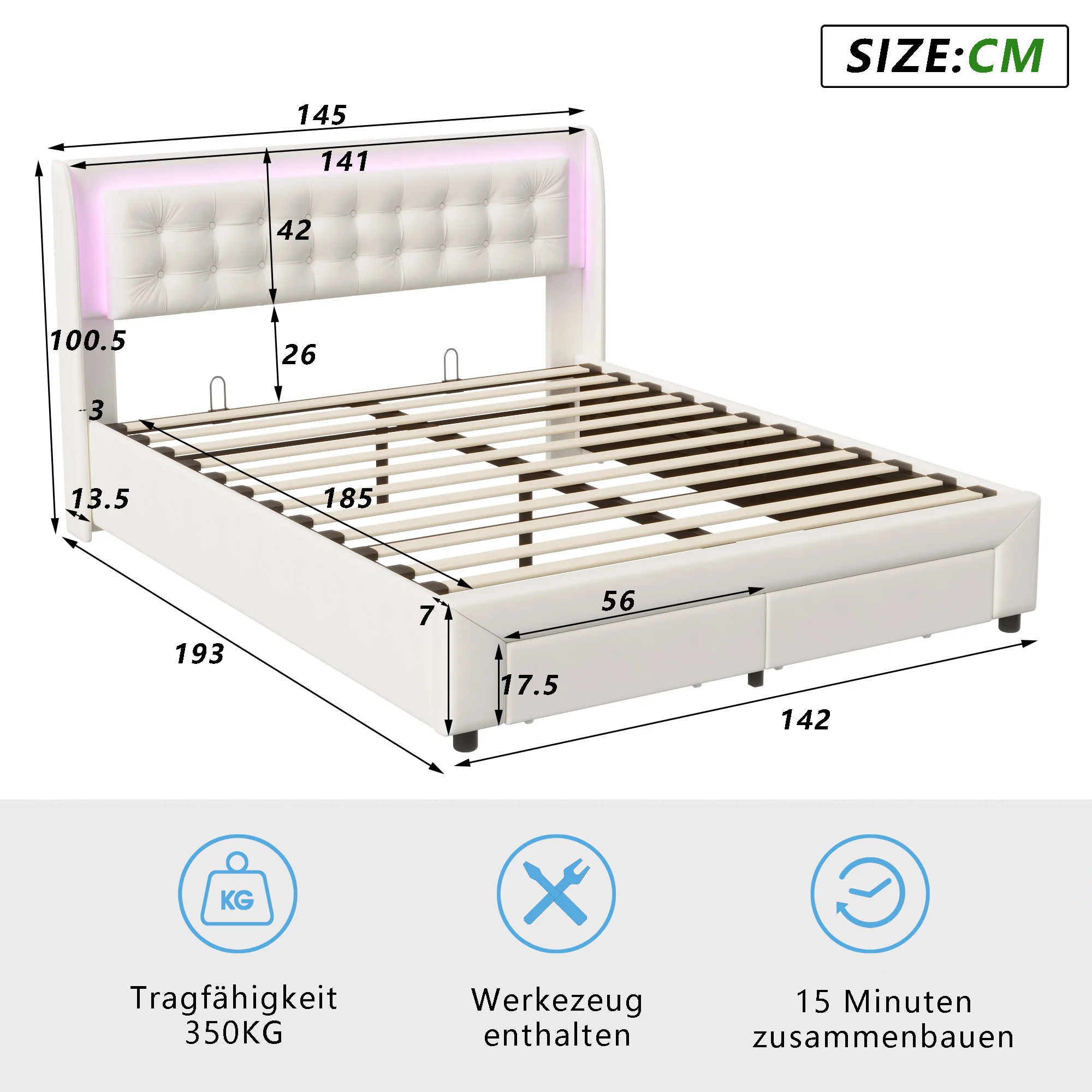 Comanlai 140x190cm Hydraulic Storage Bed, with LED Light and 2 Drawers, Upholstered Double Bed, with Slat Frame, Velvet, Beige