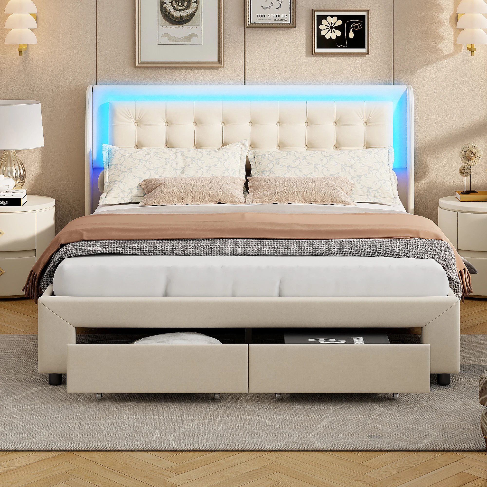 Comanlai 140x190cm Hydraulic Storage Bed, with LED Light and 2 Drawers, Upholstered Double Bed, with Slat Frame, Velvet, Beige